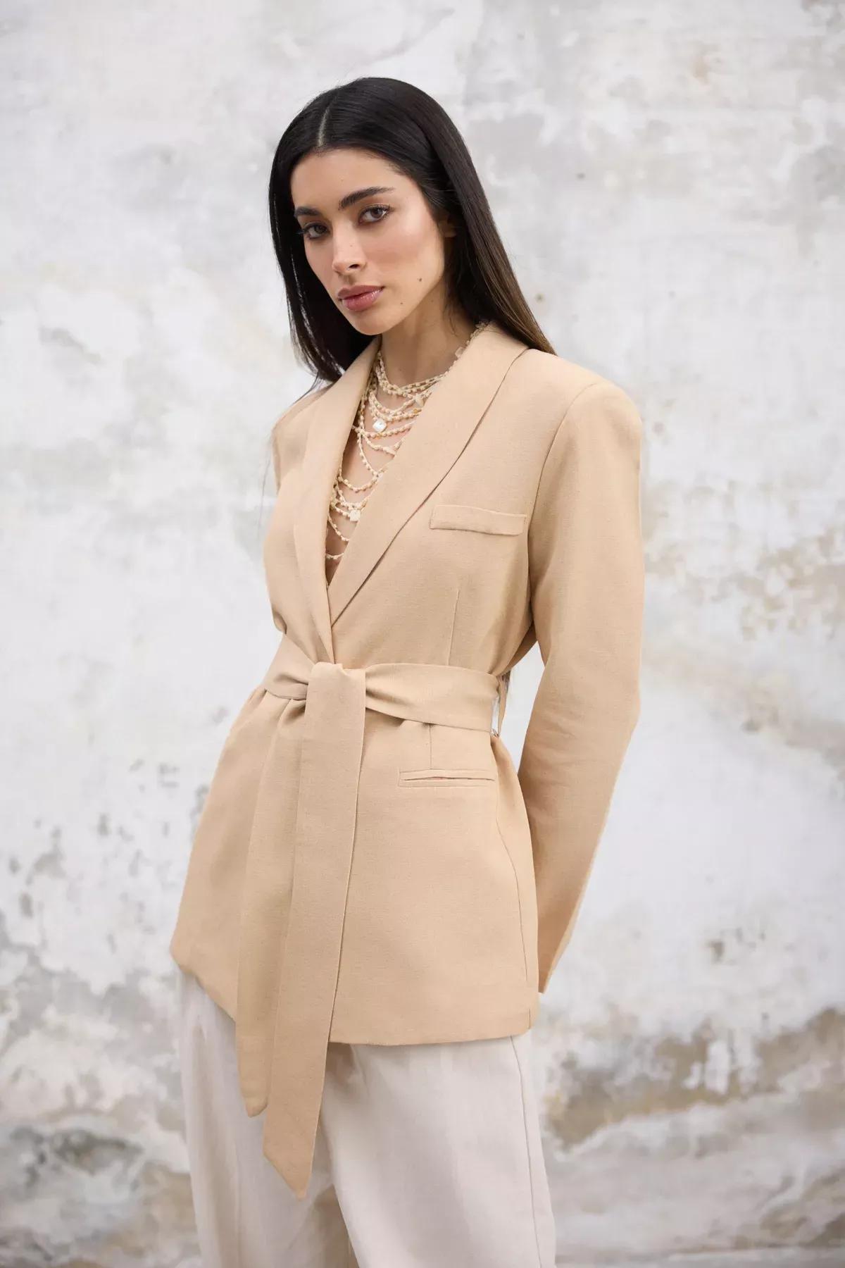 Beige Plain Belted Blazer, , large image number 1