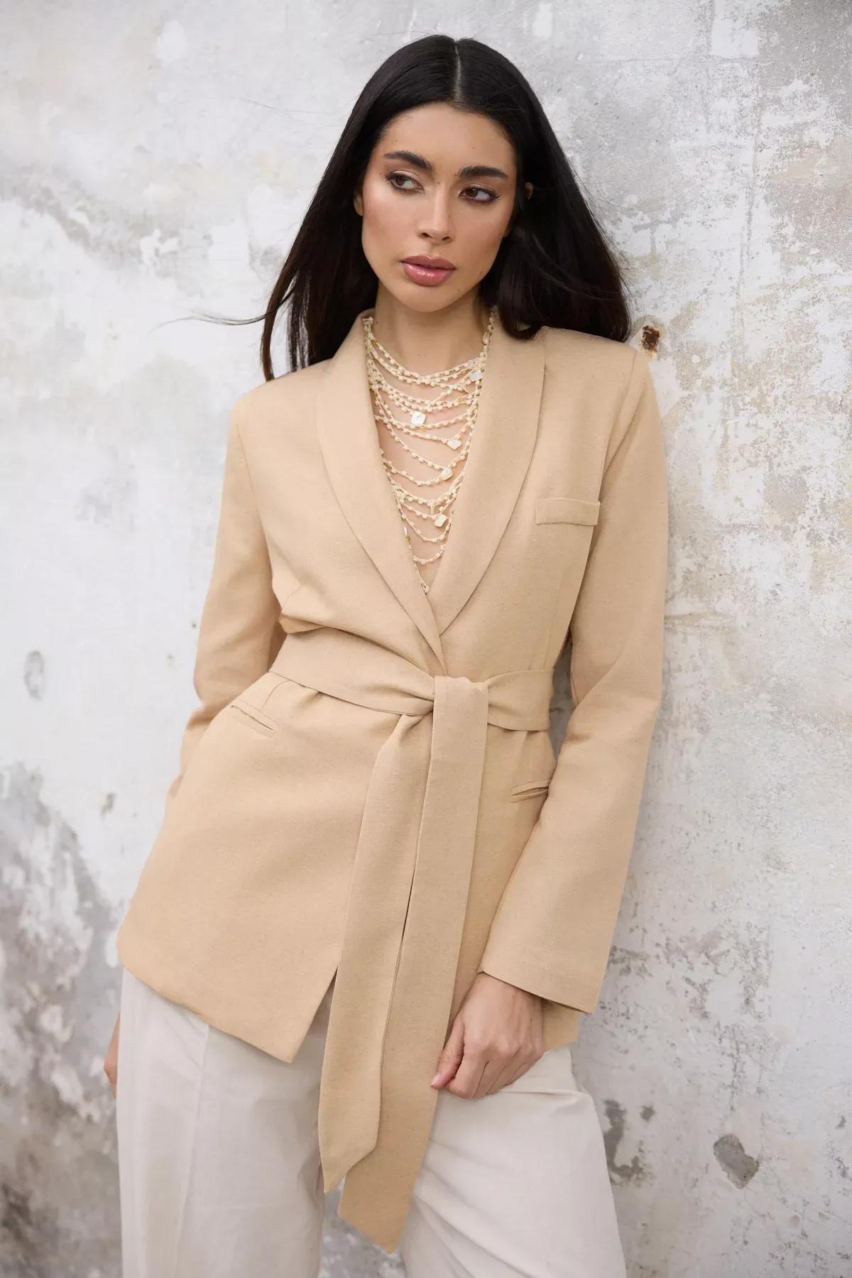 Beige Plain Belted Blazer, , large image number 2