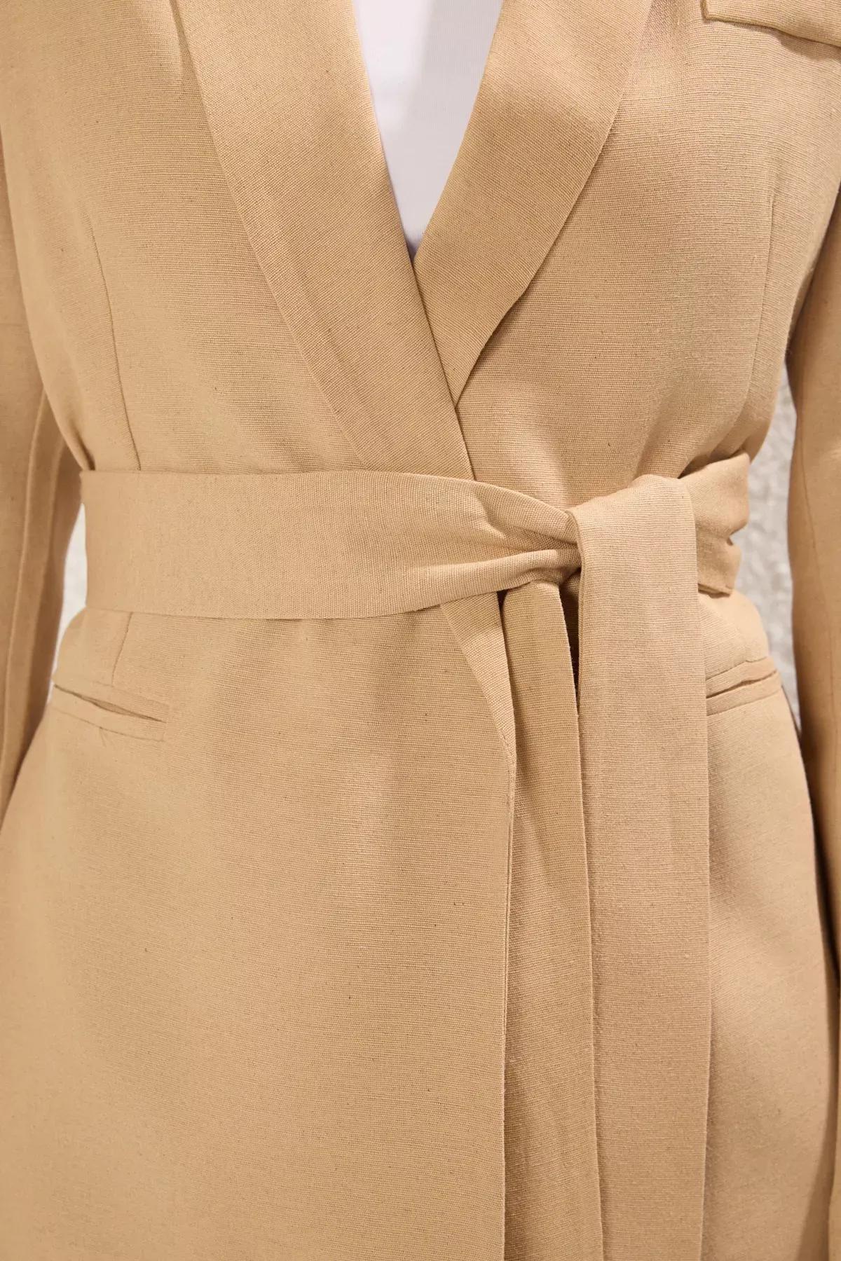 Beige Plain Belted Blazer, , large image number 3