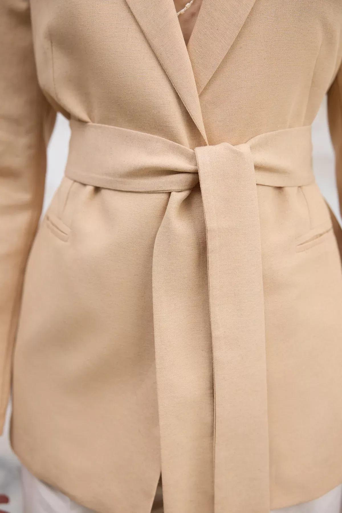 Beige Plain Belted Blazer, , large image number 4