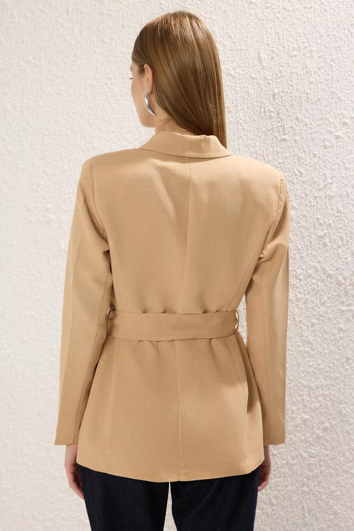 Beige Plain Belted Blazer, , large image number 5