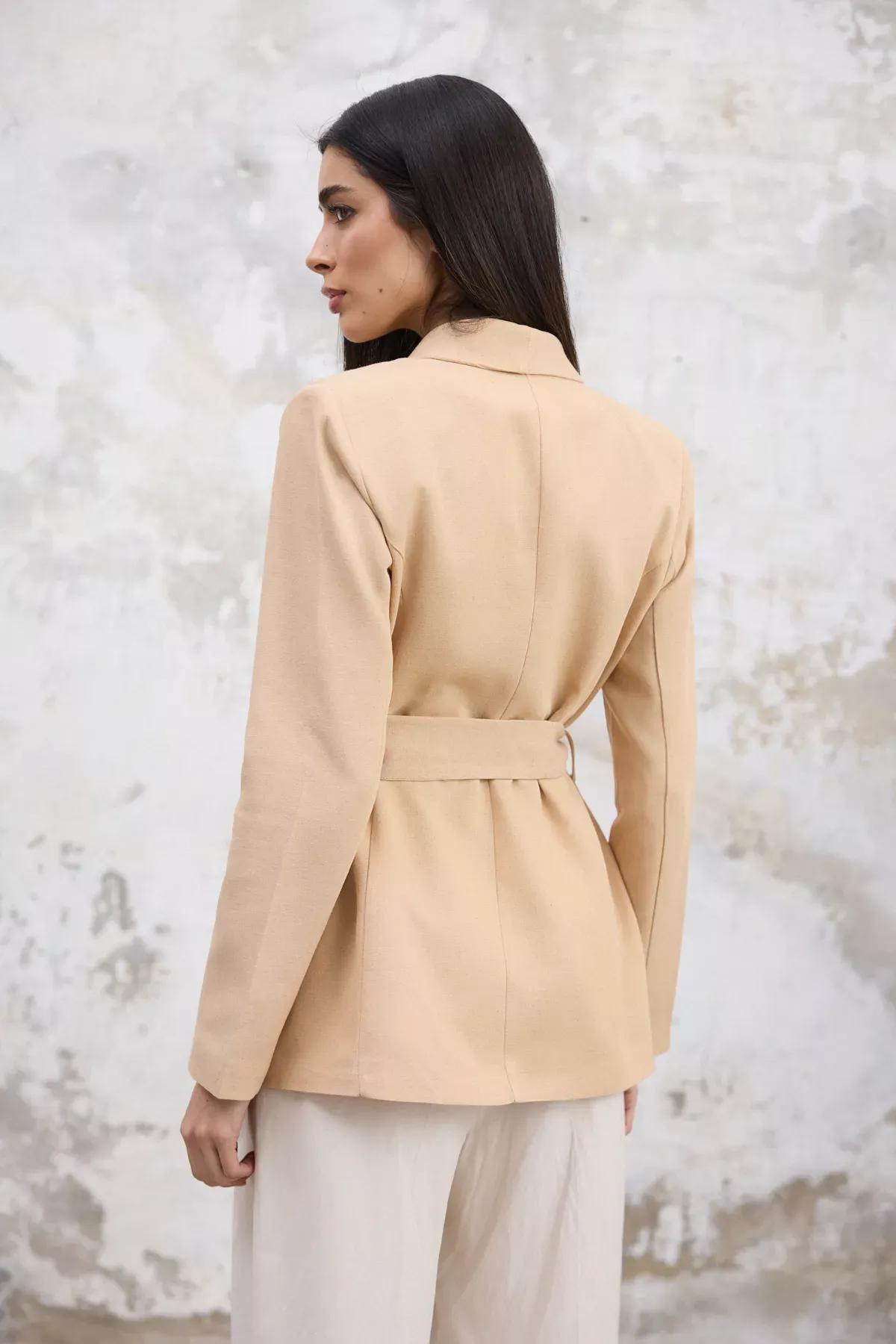 Beige Plain Belted Blazer, , large image number 6