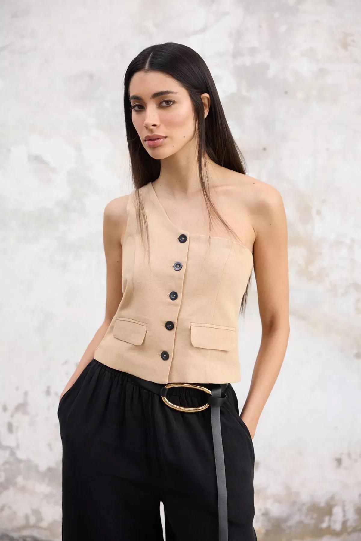 Beige Single Sleeve Linen Look Vest, Beige, large image number 1