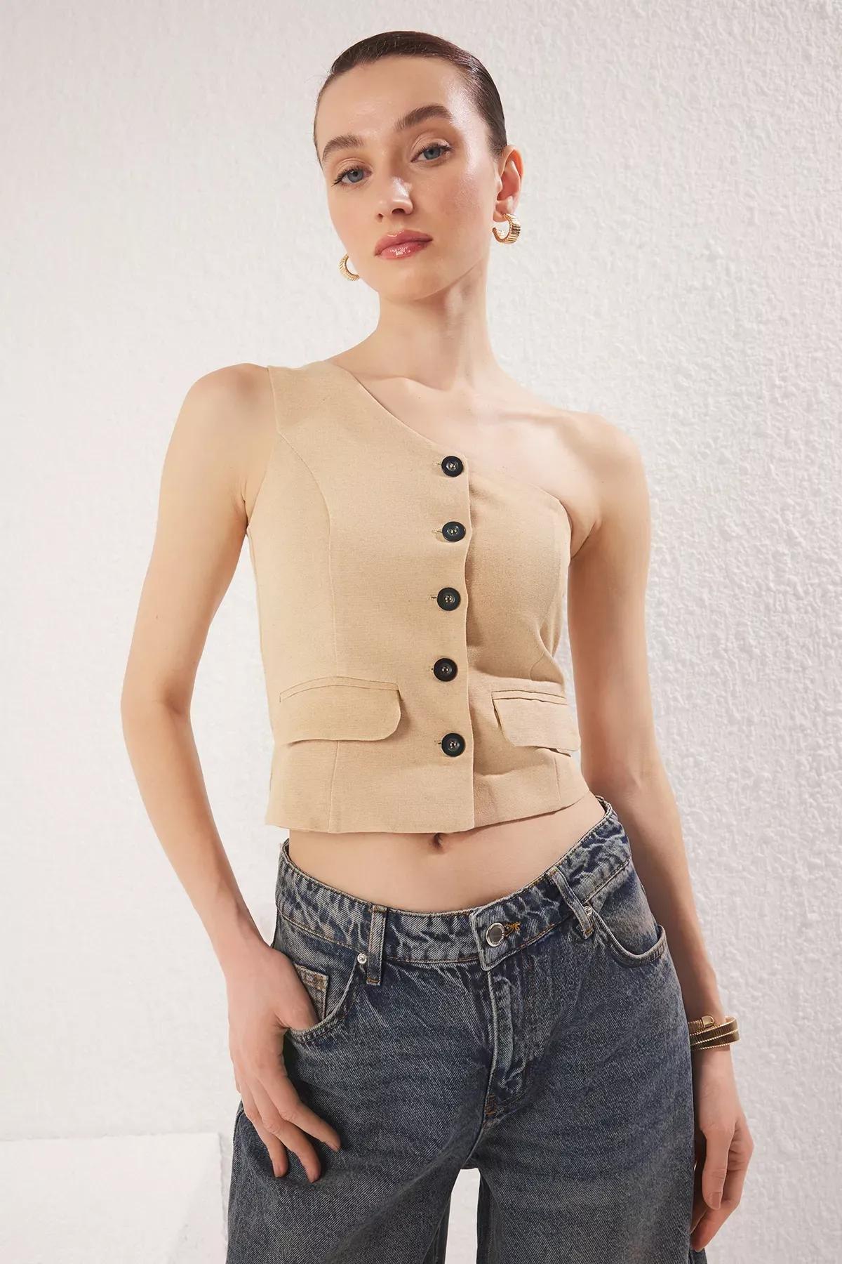 Beige Single Sleeve Linen Look Vest, Beige, large image number 2