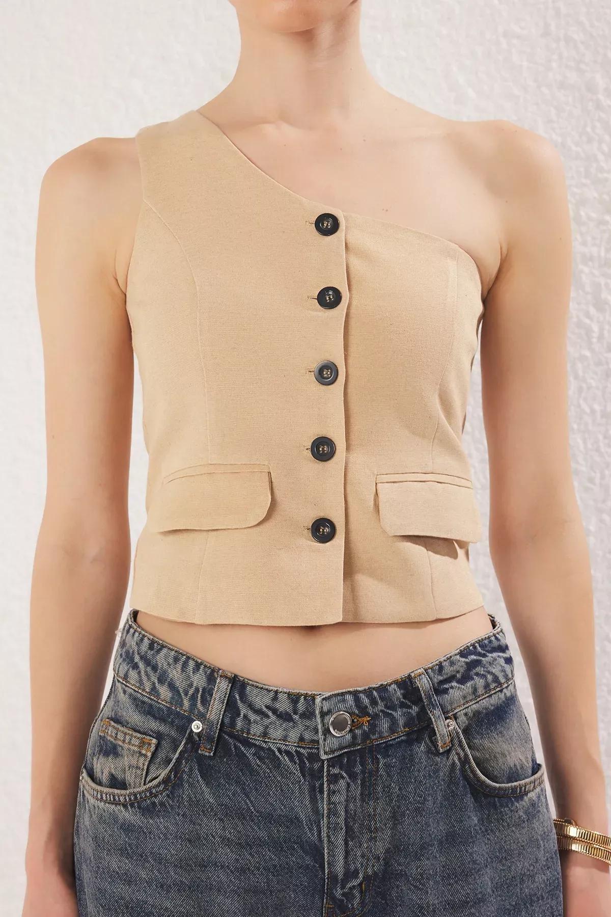 Beige Single Sleeve Linen Look Vest, Beige, large image number 4