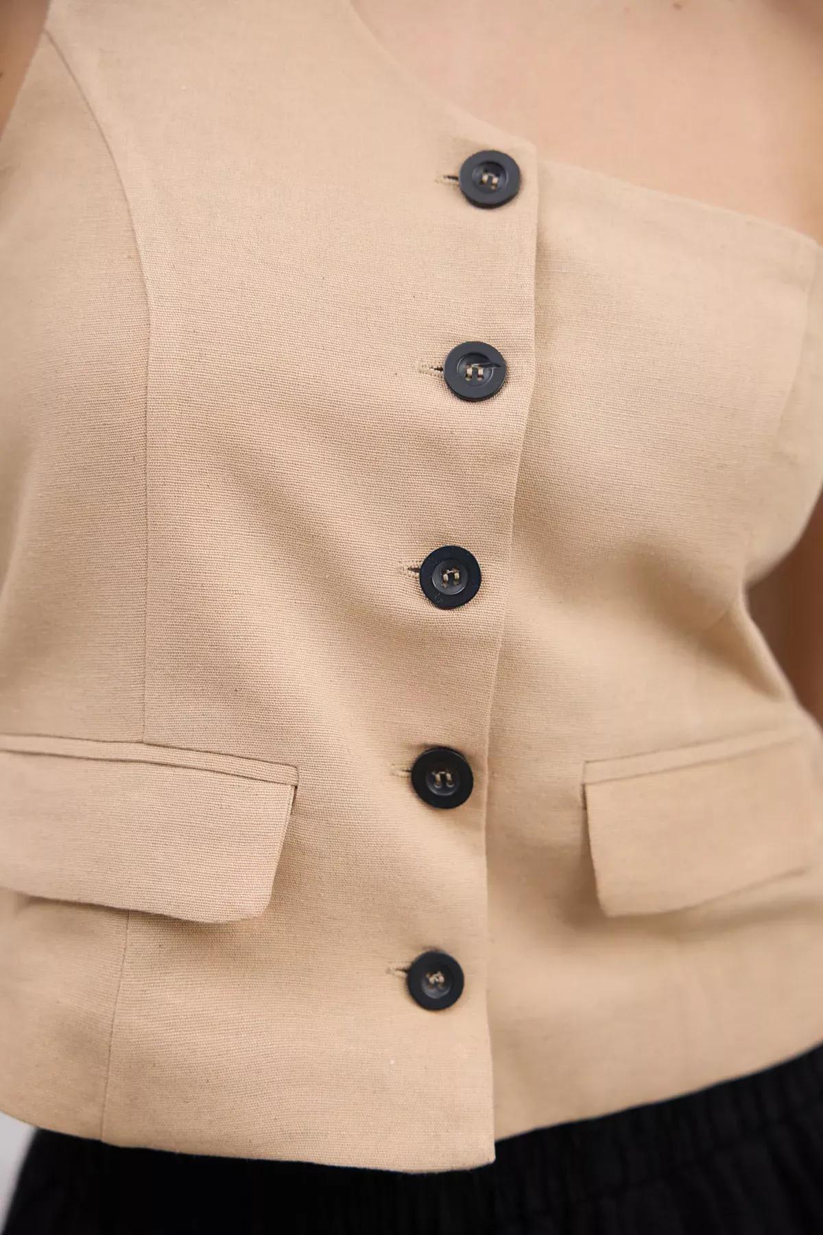 Beige Single Sleeve Linen Look Vest, Beige, large image number 5