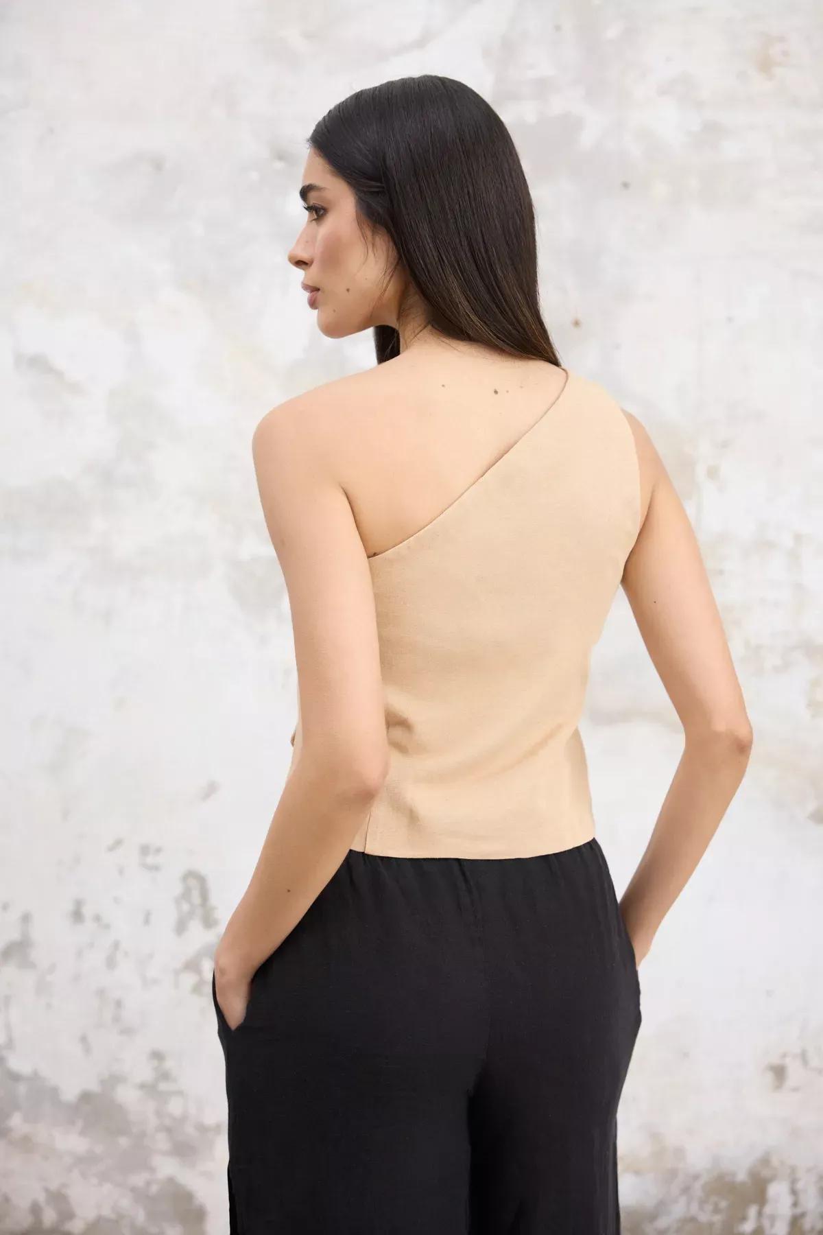 Beige Single Sleeve Linen Look Vest, Beige, large image number 6
