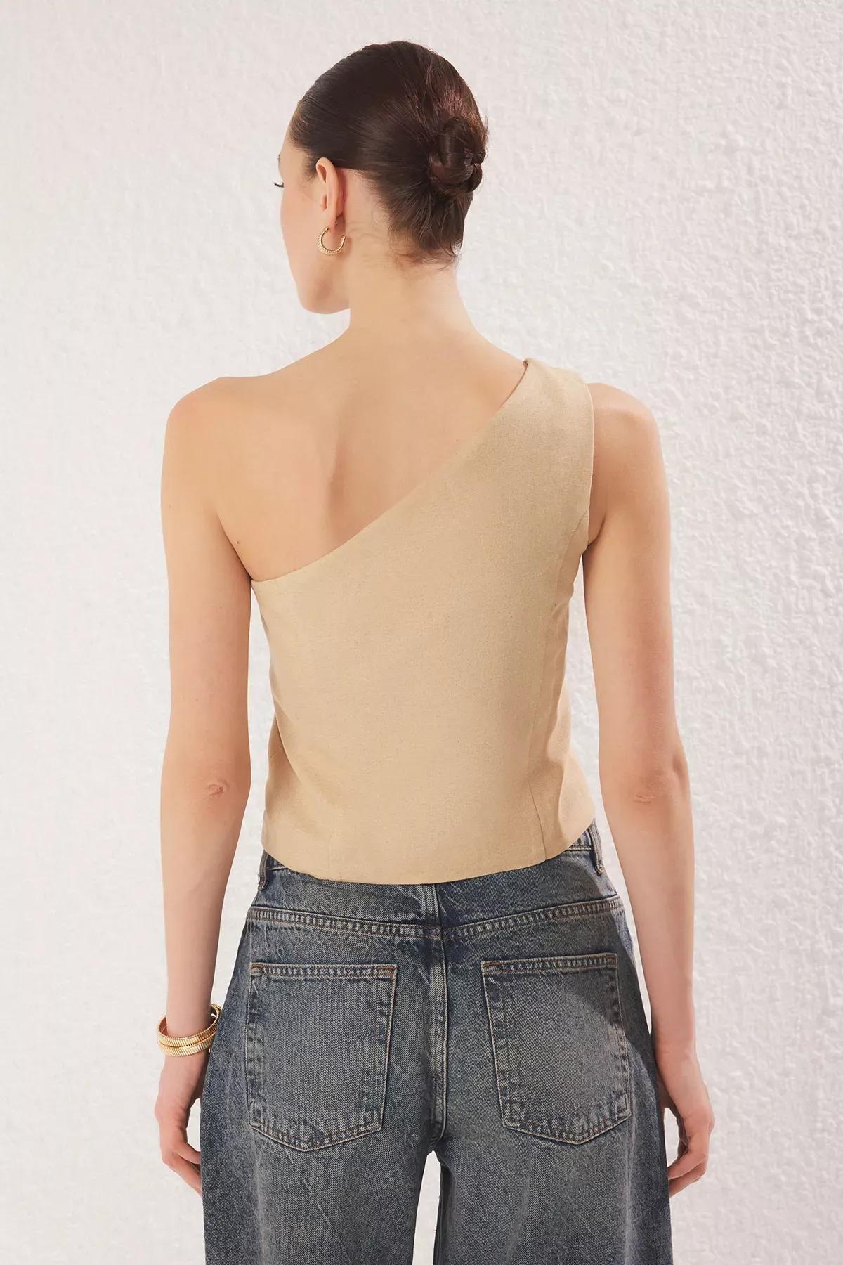Beige Single Sleeve Linen Look Vest, Beige, large image number 7