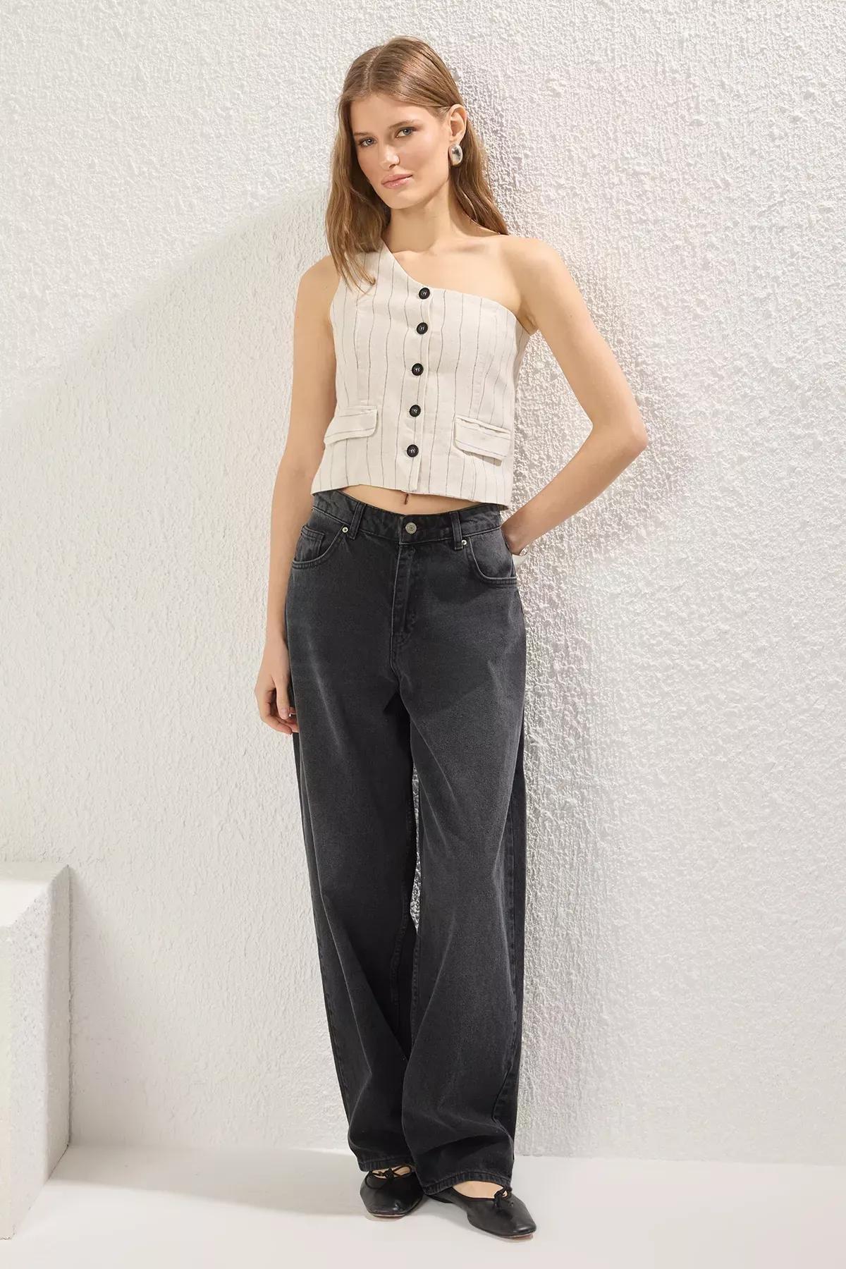 Beige Linen Look Single Sleeve Vest, Beige, large image number 0