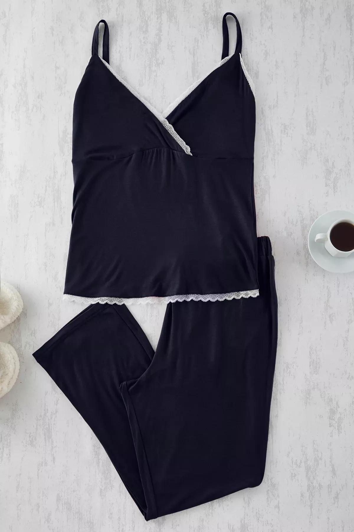 Navy V-Neck Lace Knitted Pyjamas Set, Navy blue, large image number 0