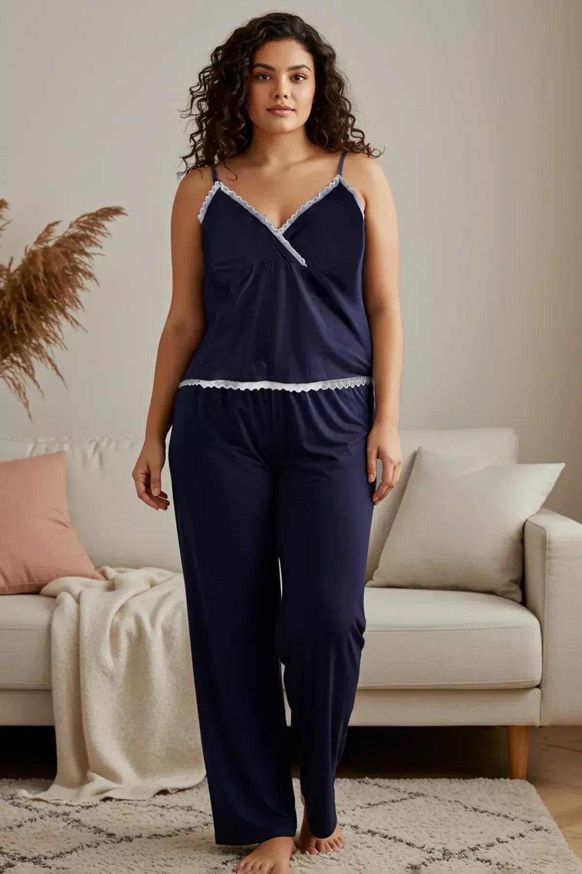 Navy V-Neck Lace Knitted Pyjamas Set, Navy blue, large image number 1