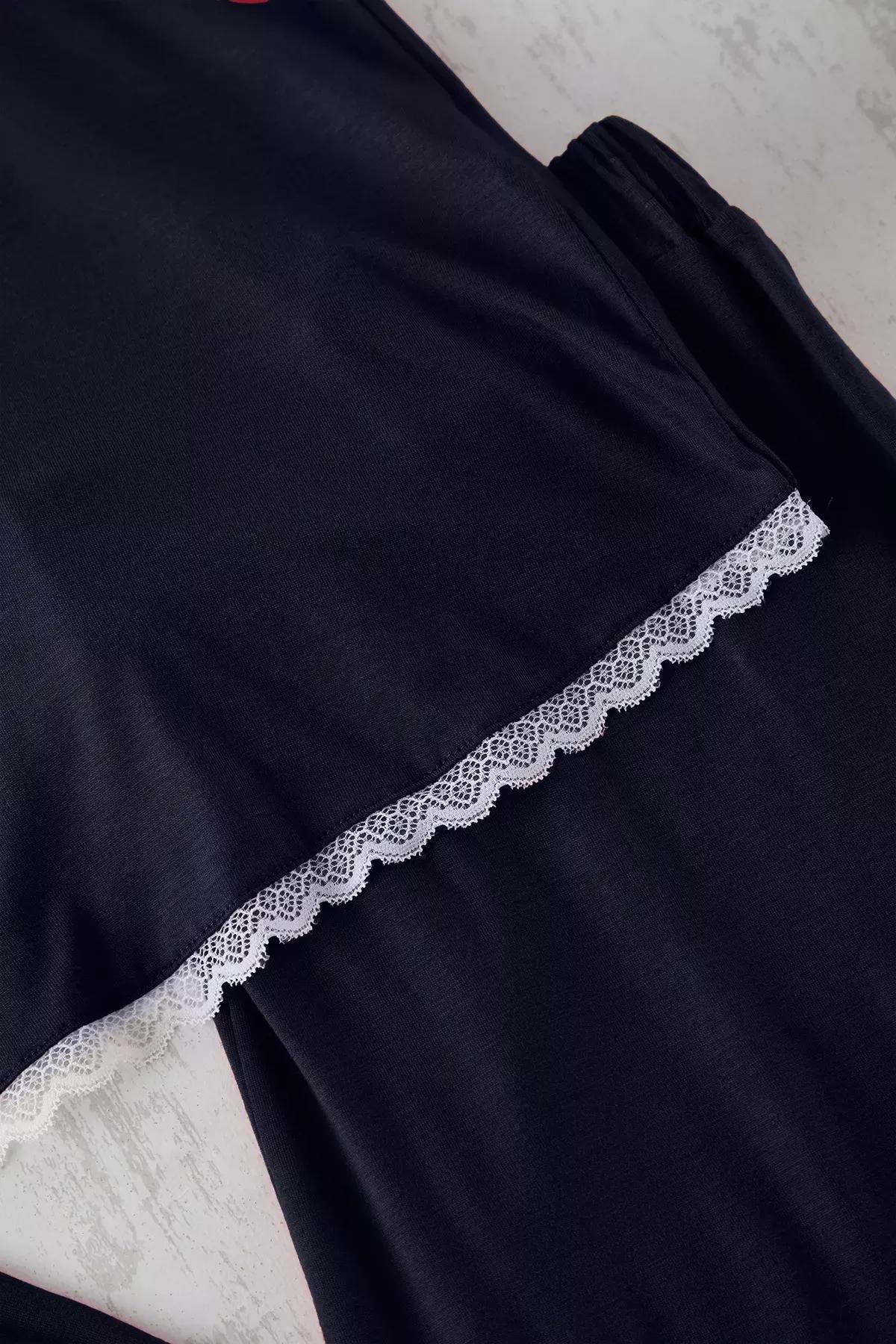 Navy V-Neck Lace Knitted Pyjamas Set, Navy blue, large image number 2