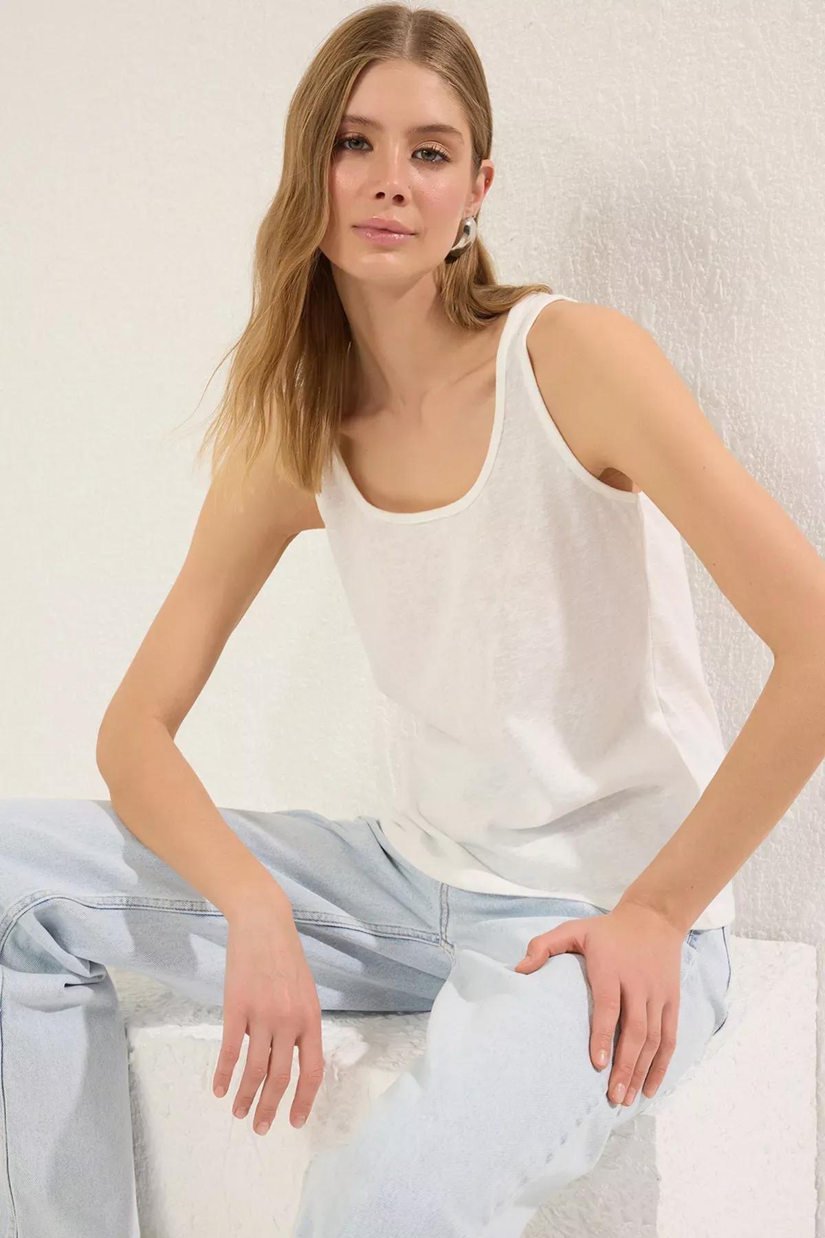 Beige Linen Look Knit Undershirt, Ecru, large image number 1