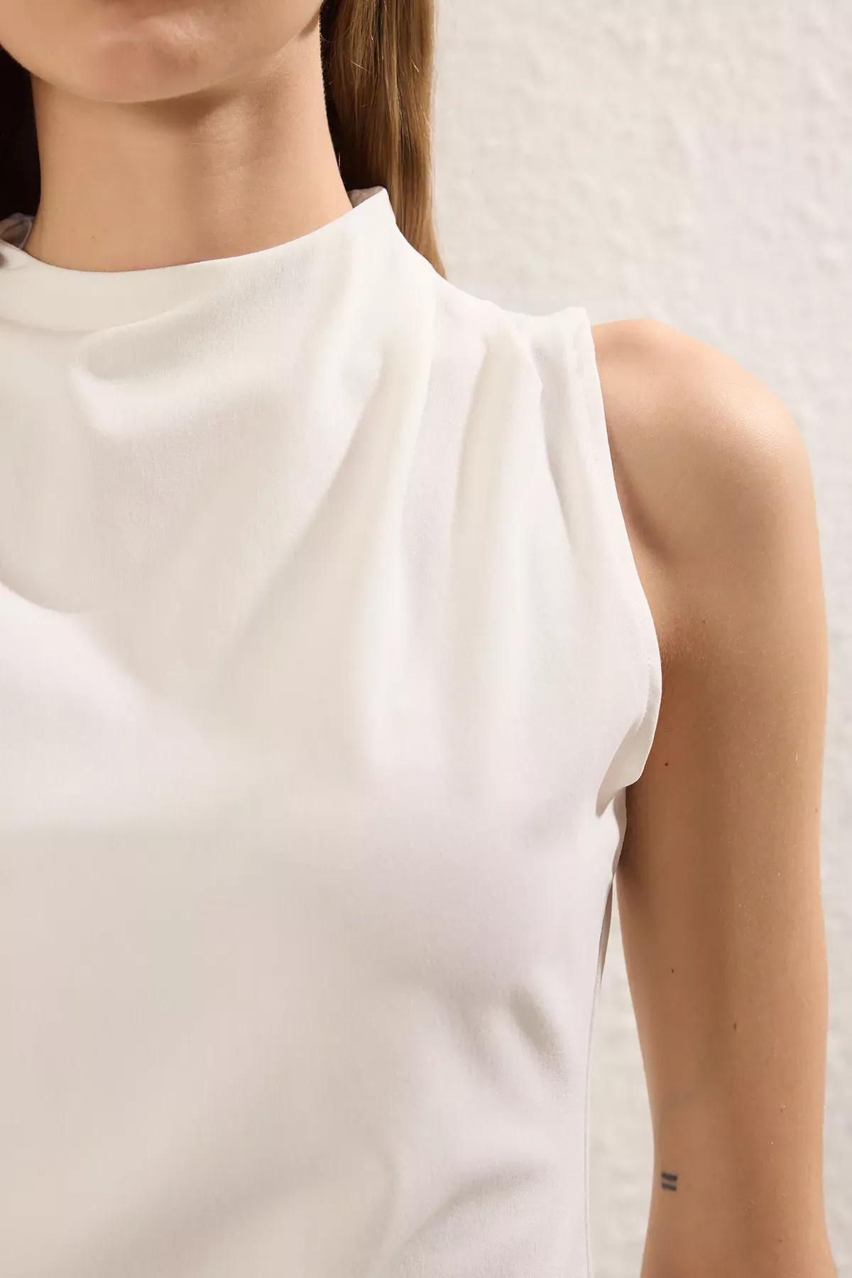 Beige Draped Fitted Asymmetrical Blouse, , large image number 2