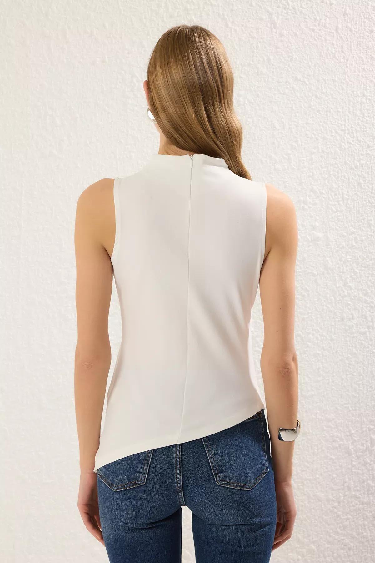 Beige Draped Fitted Asymmetrical Blouse, , large image number 3