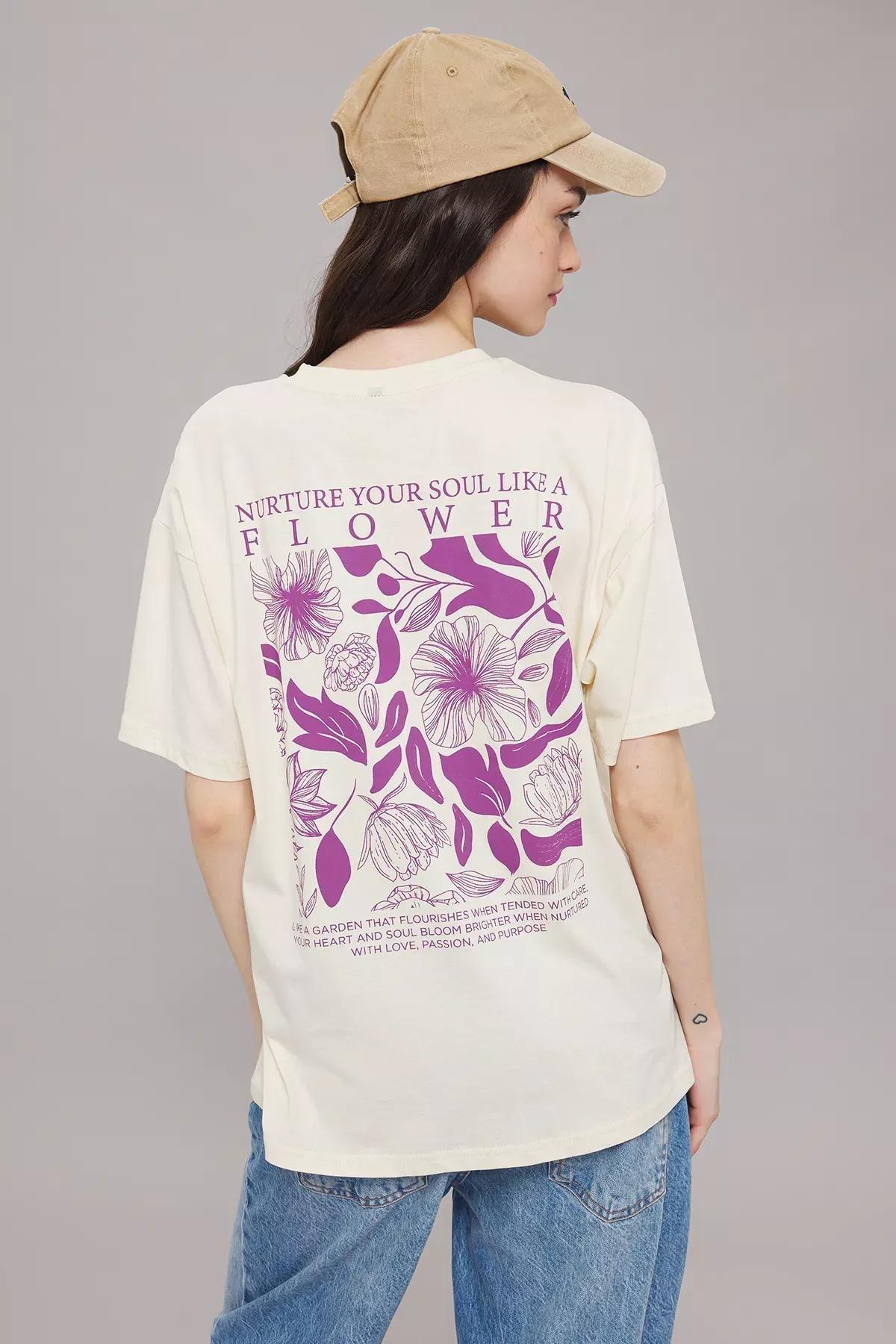 Beige Printed Oversized Knitted T-Shirt, STONE, large image number 0