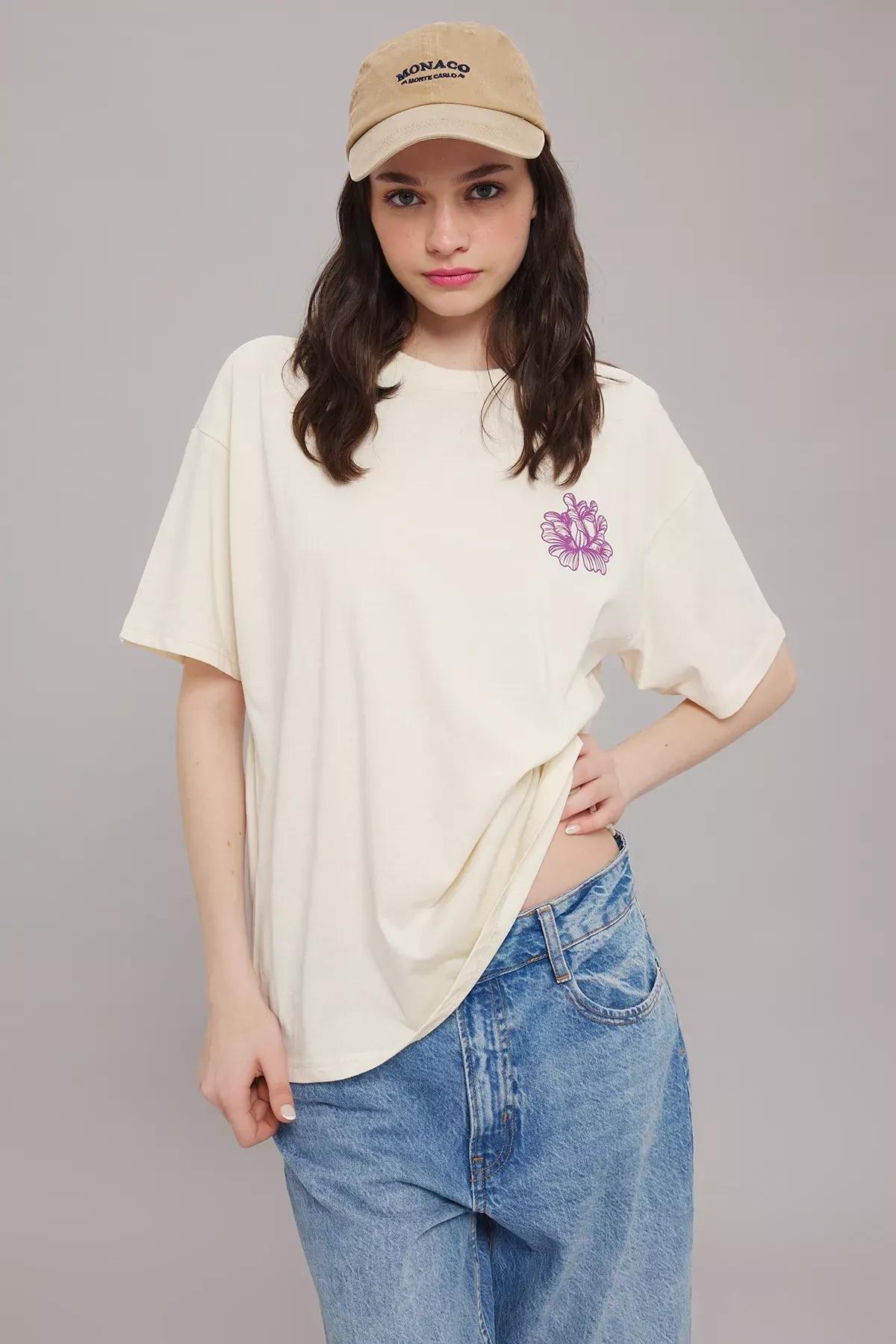 Beige Printed Oversized Knitted T-Shirt, STONE, large image number 1