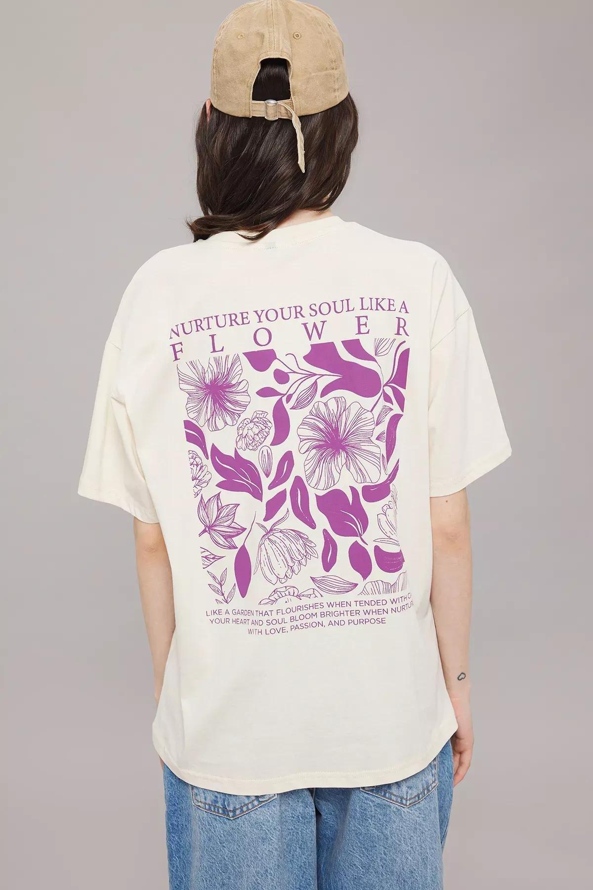 Beige Printed Oversized Knitted T-Shirt, STONE, large image number 3