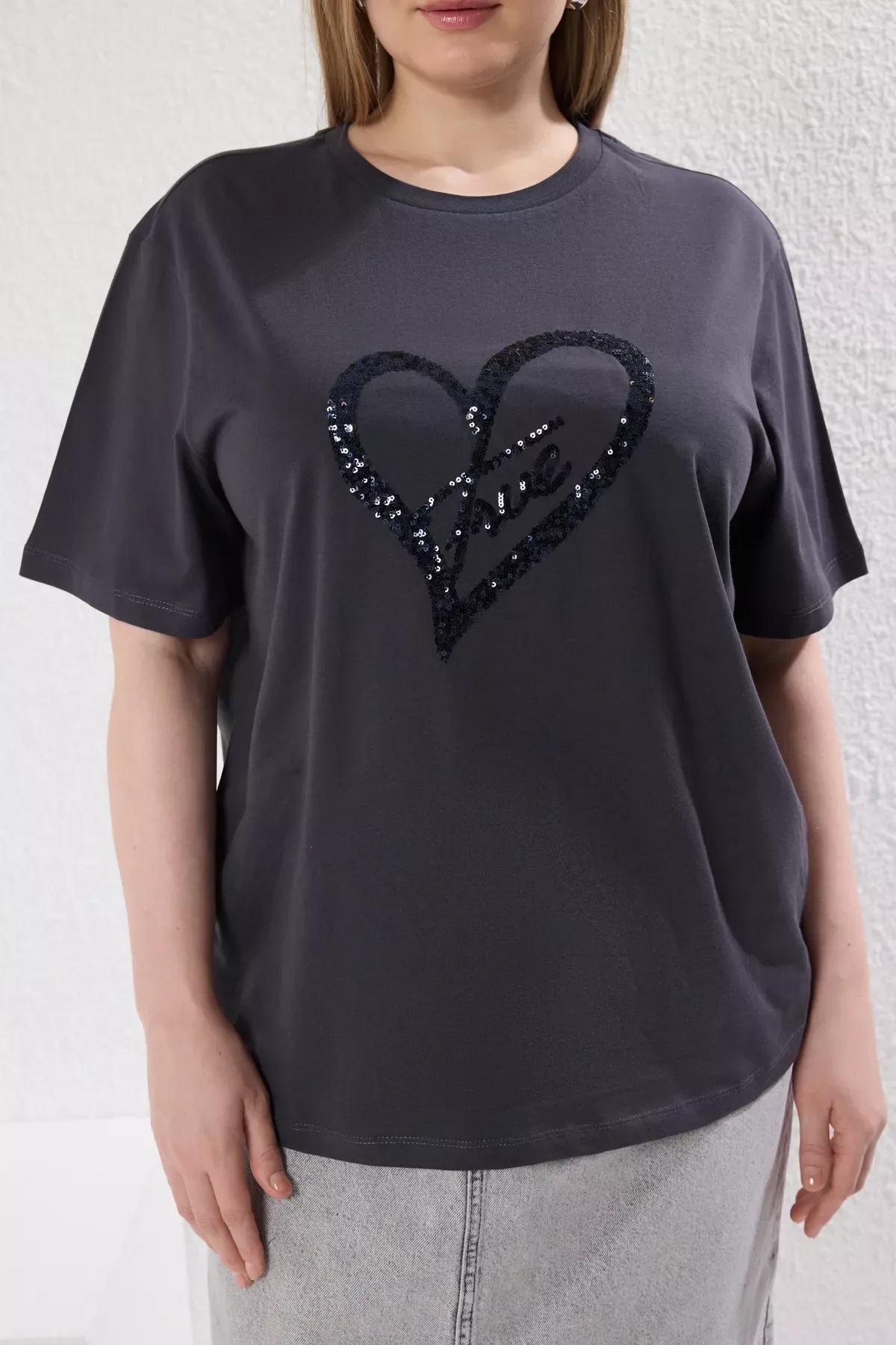 Grey Sequined Embroidered Patterned Plus-Size T-Shirt, , large image number 2