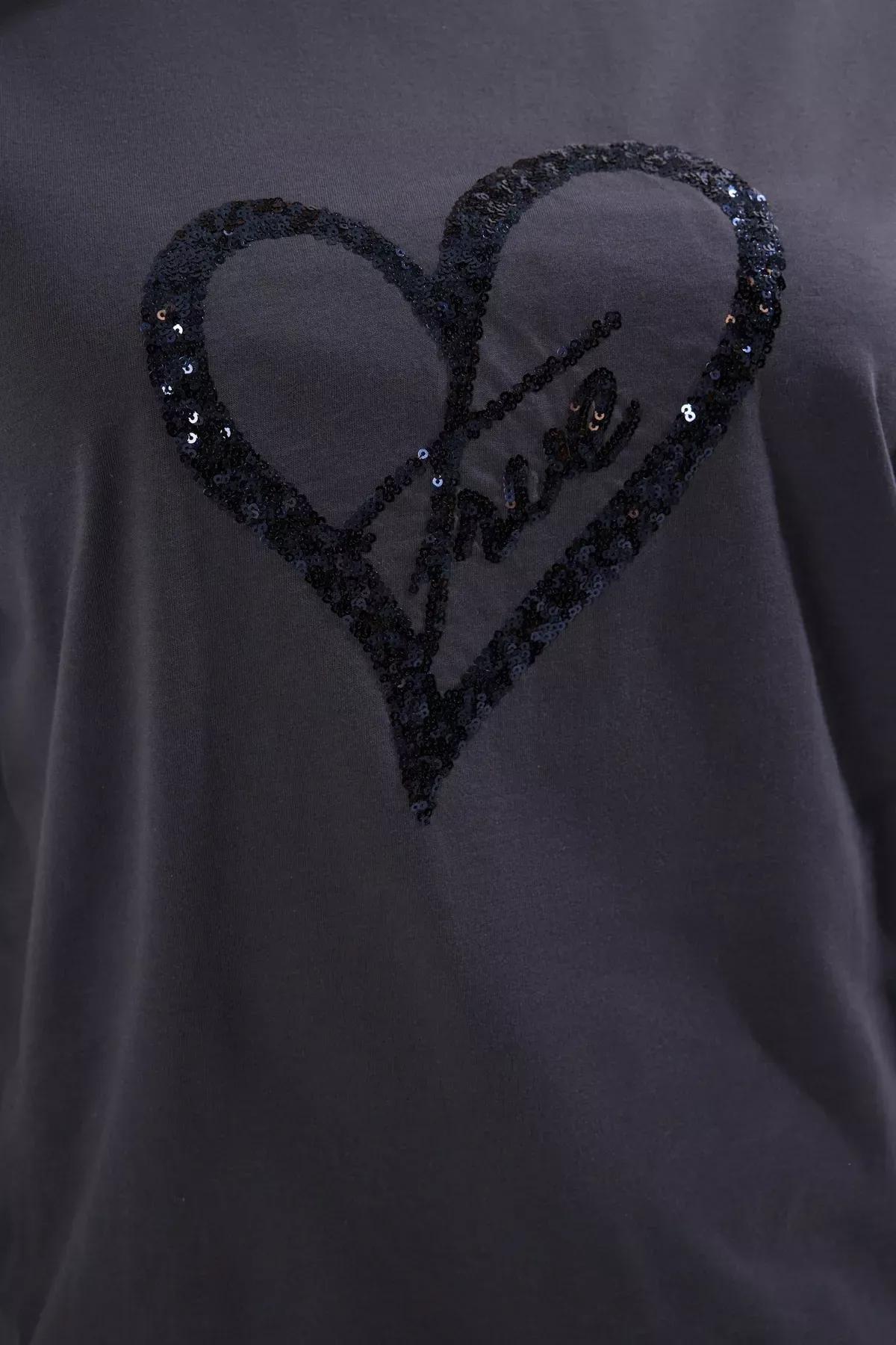 Grey Sequined Embroidered Patterned Plus-Size T-Shirt, , large image number 3