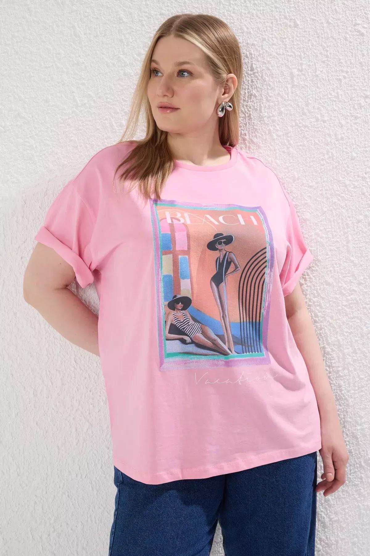 Pink Patterned Printed Plus-Size Knitted T-Shirt, , large image number 0