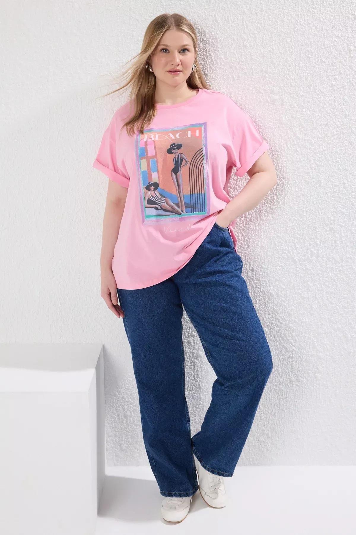 Pink Patterned Printed Plus-Size Knitted T-Shirt, , large image number 1