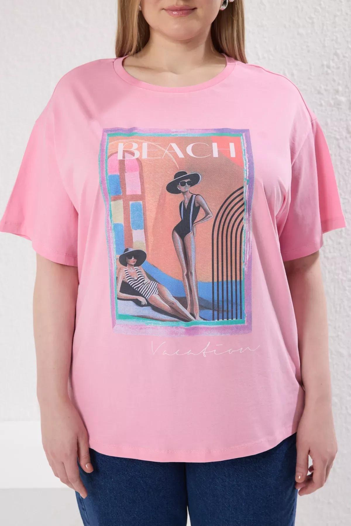 Pink Patterned Printed Plus-Size Knitted T-Shirt, , large image number 2