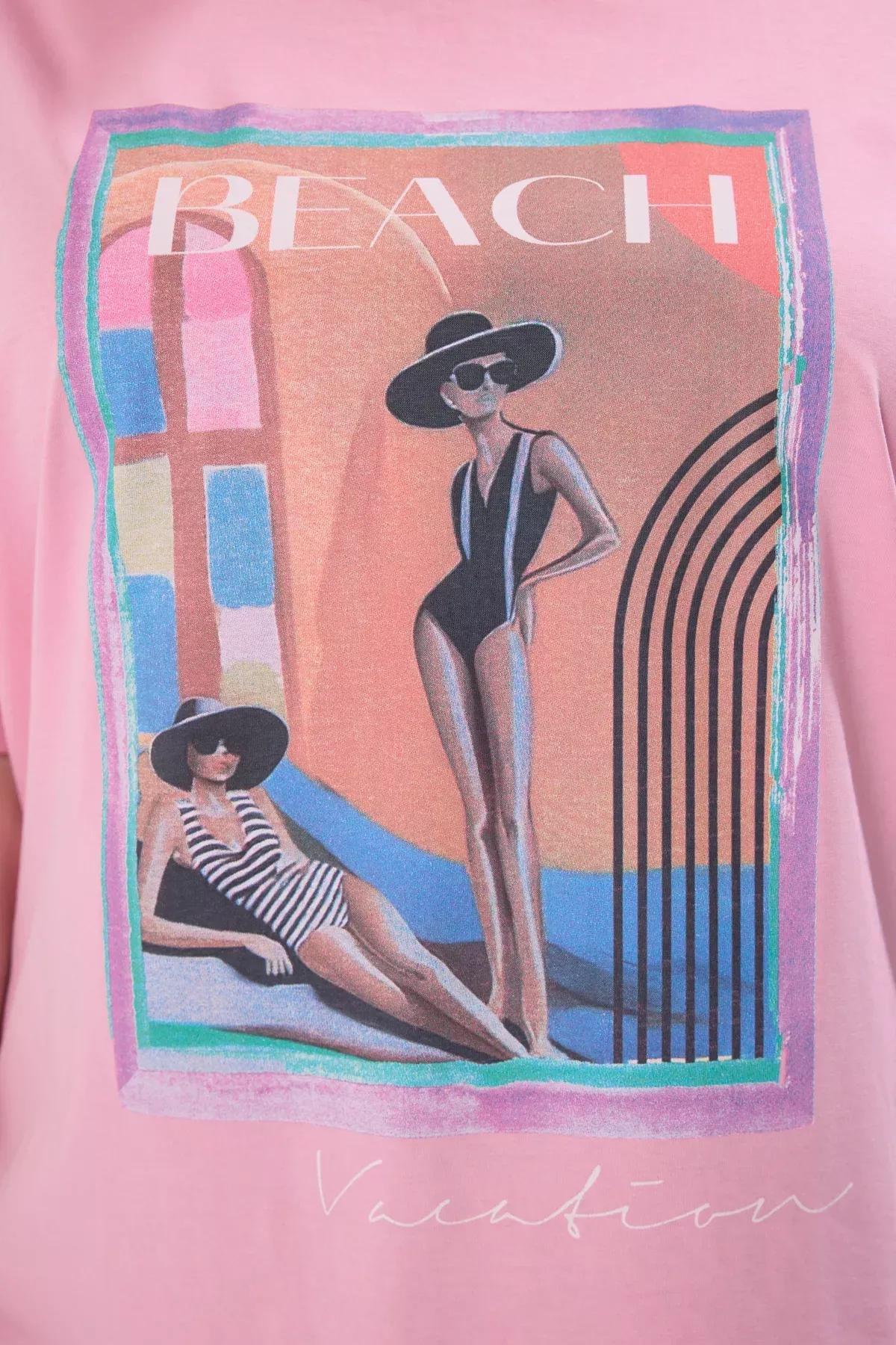 Pink Patterned Printed Plus-Size Knitted T-Shirt, , large image number 3