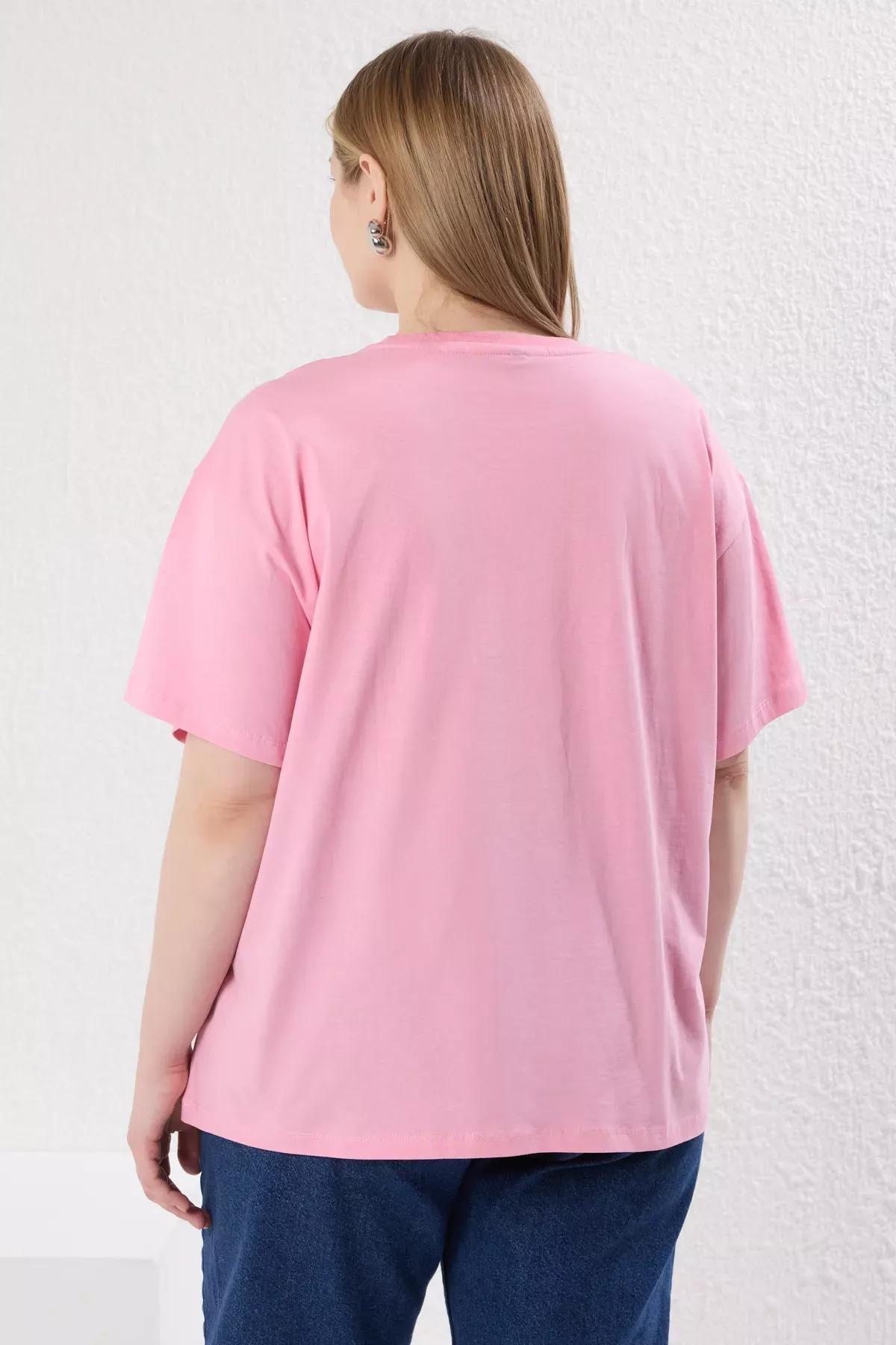 Pink Patterned Printed Plus-Size Knitted T-Shirt, , large image number 4