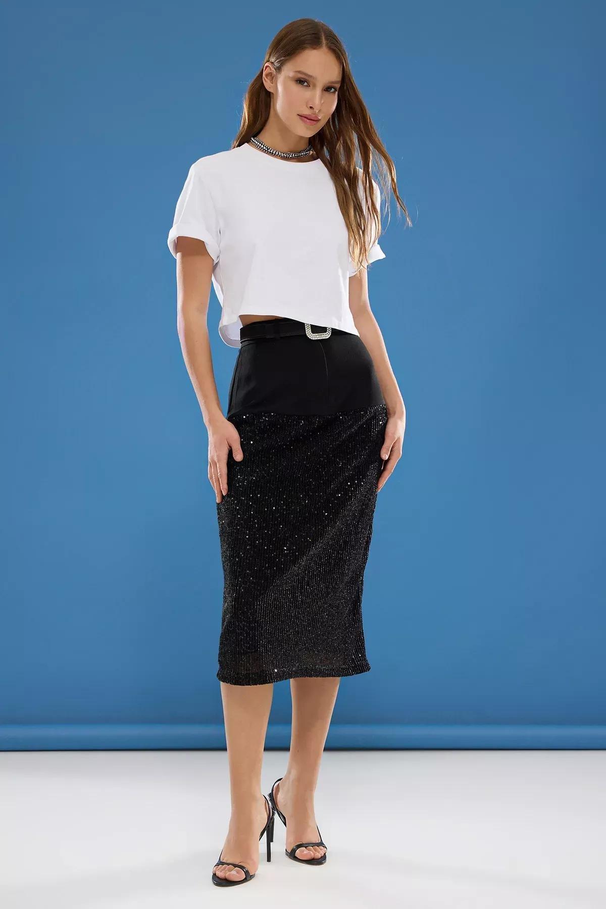 Black Sequin Midi Woven Skirt, , large image number 0
