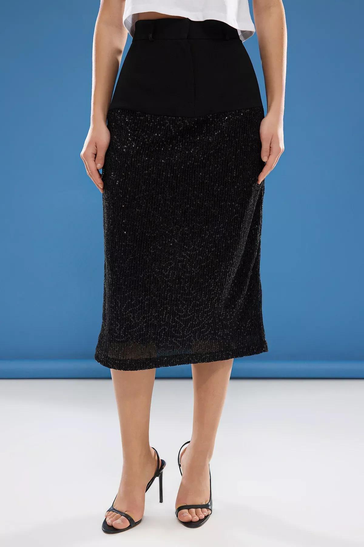 Black Sequin Midi Woven Skirt, , large image number 2