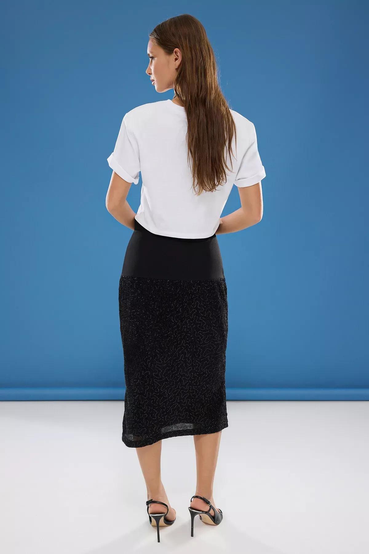 Black Sequin Midi Woven Skirt, , large image number 4