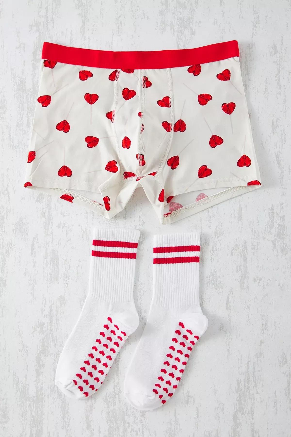 Beige Heart Patterned Socks-Boxer Set, , large image number 0