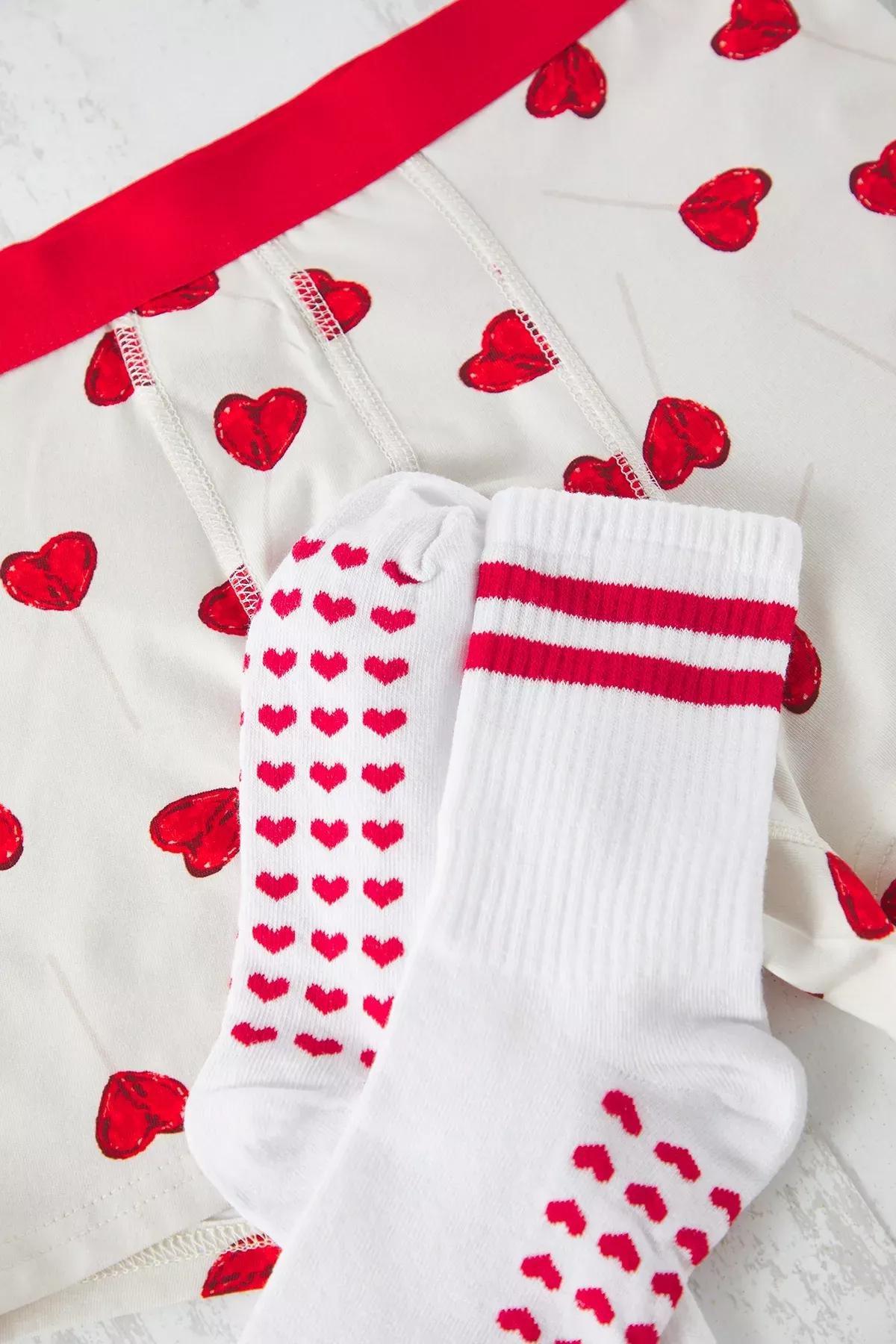 Beige Heart Patterned Socks-Boxer Set, , large image number 1