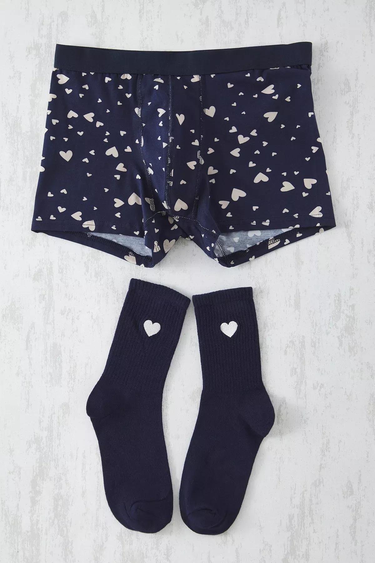 Navy Heart Pattern Socks-Boxers Set, , large image number 0