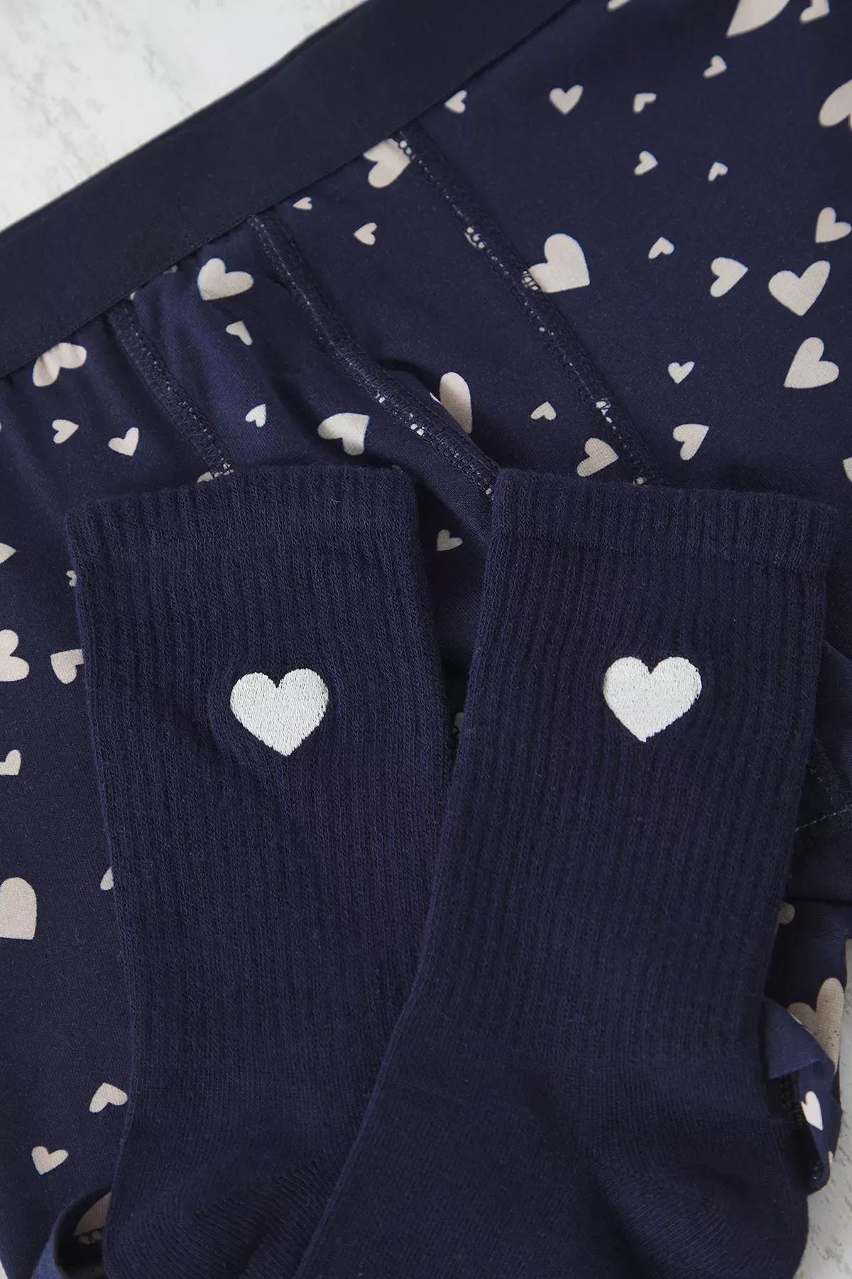 Navy Heart Pattern Socks-Boxers Set, , large image number 1