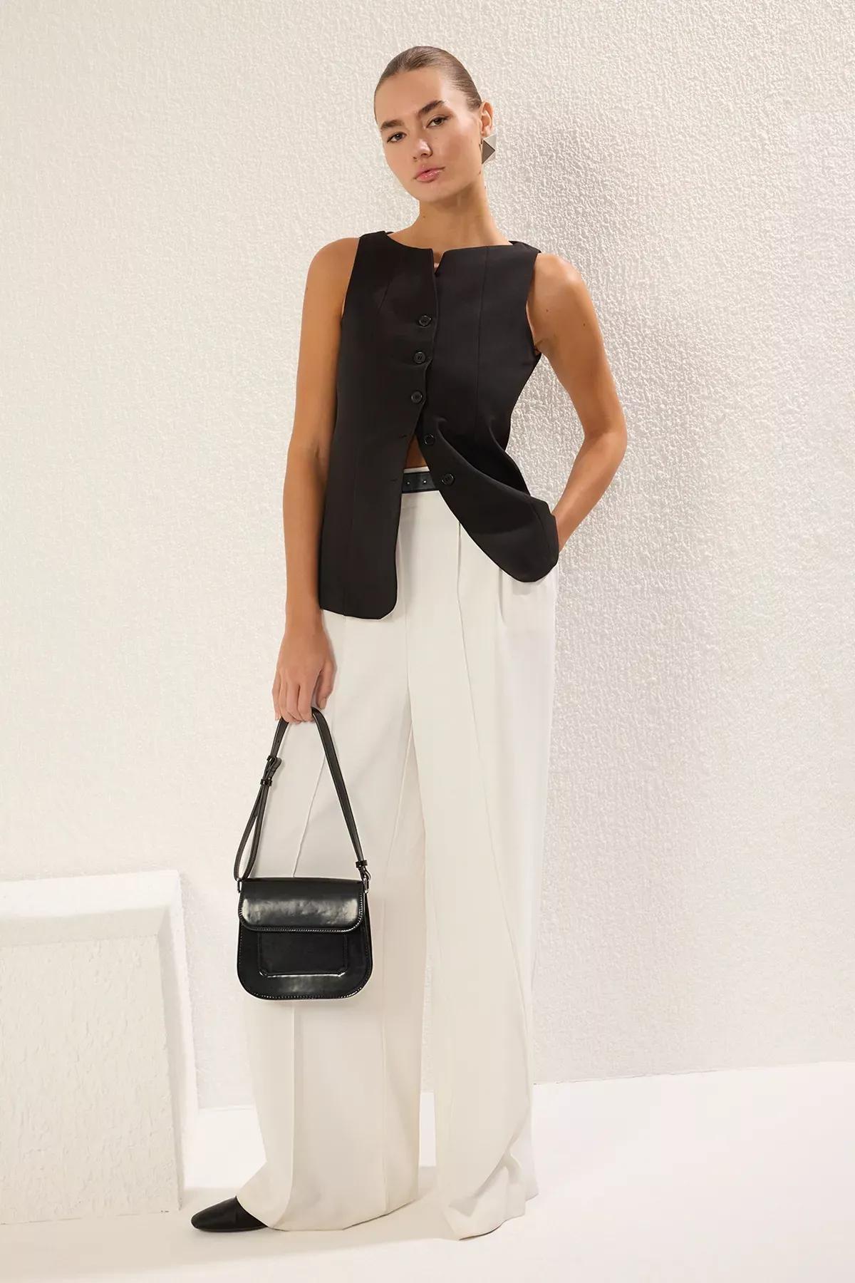 Black Regular Boat Neck Woven Vest, , large image number 1