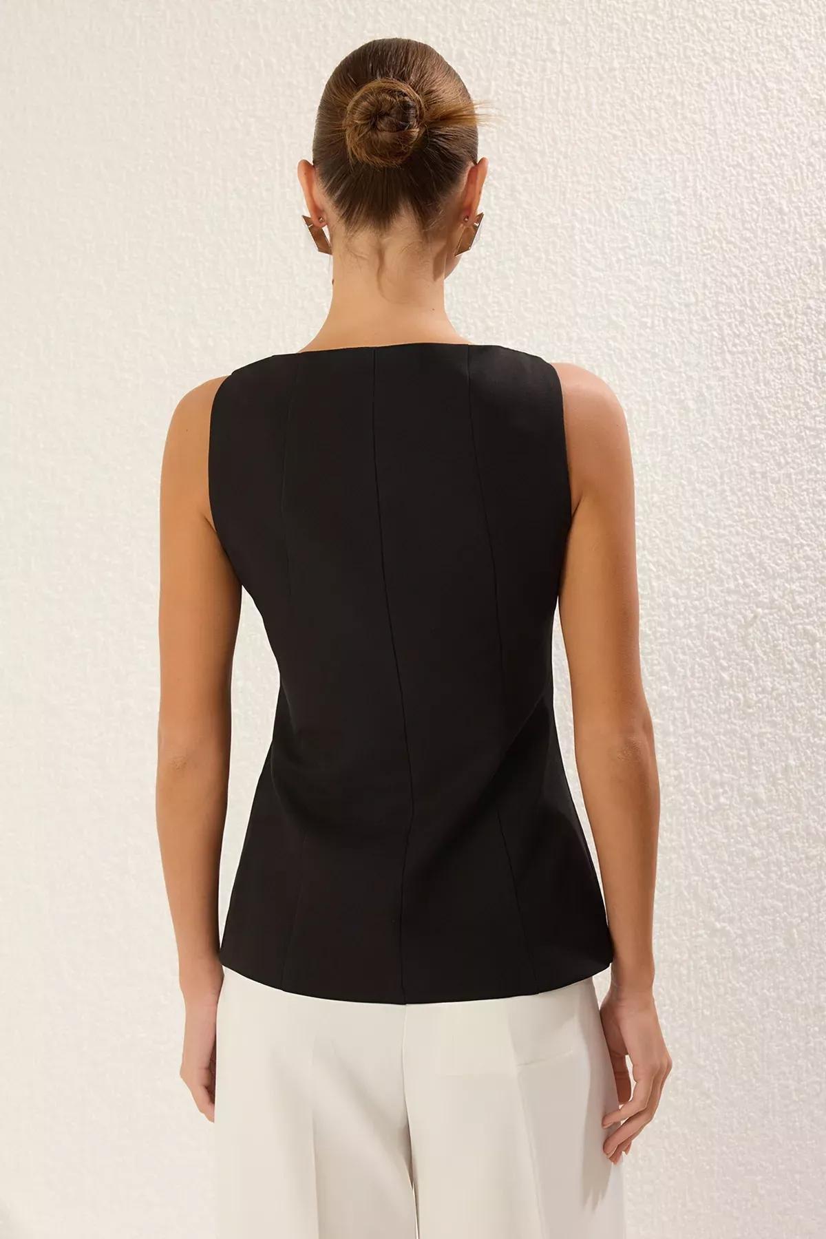 Black Regular Boat Neck Woven Vest, , large image number 4
