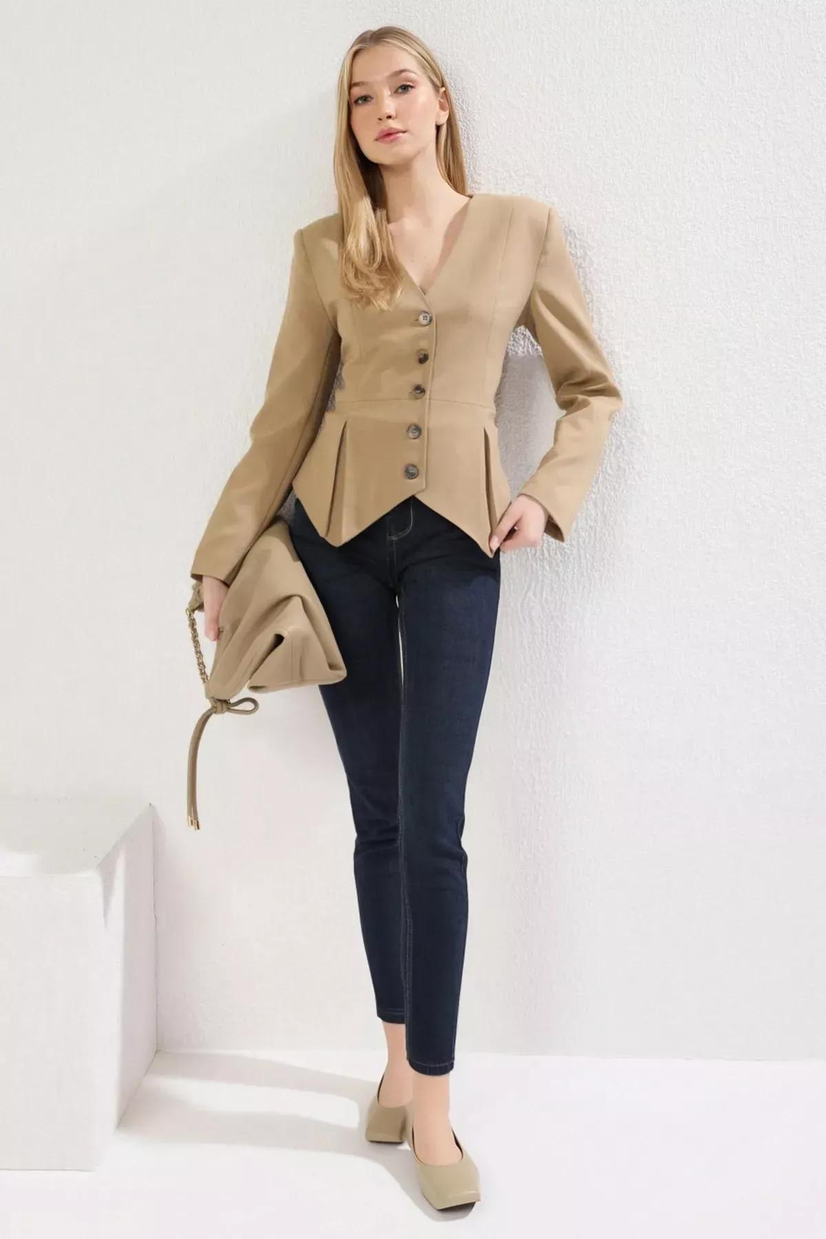 Leather Effect Single Breasted Blazer, Mink, large image number 0