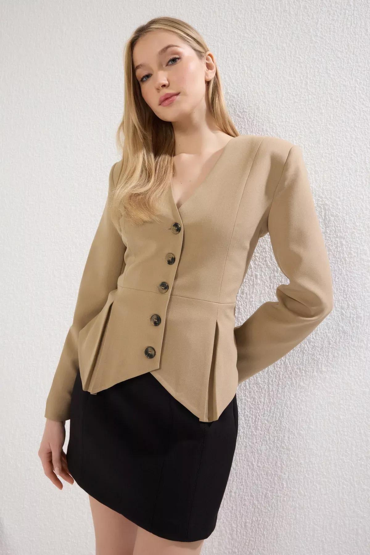 Leather Effect Single Breasted Blazer, Mink, large image number 1