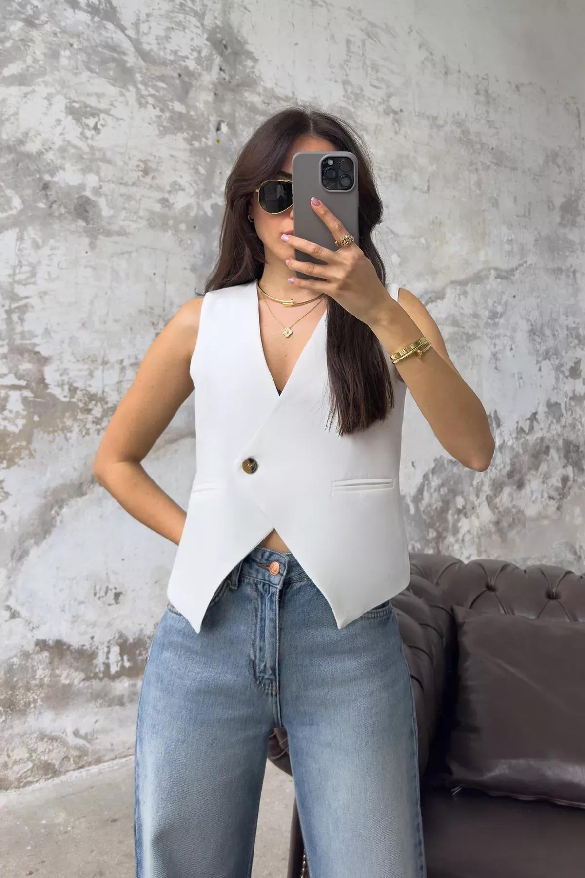 Beige White Double Breasted Vest, , large image number 1