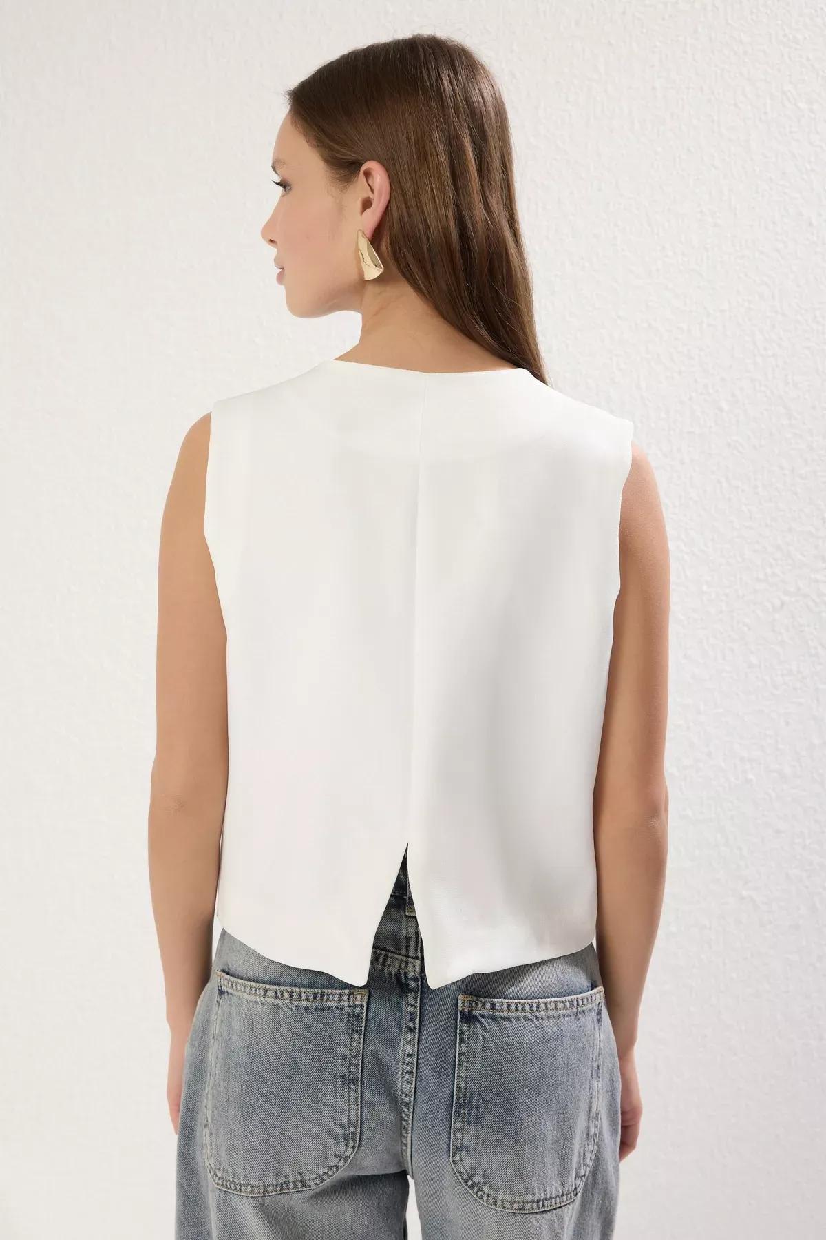 Beige White Double Breasted Vest, , large image number 4