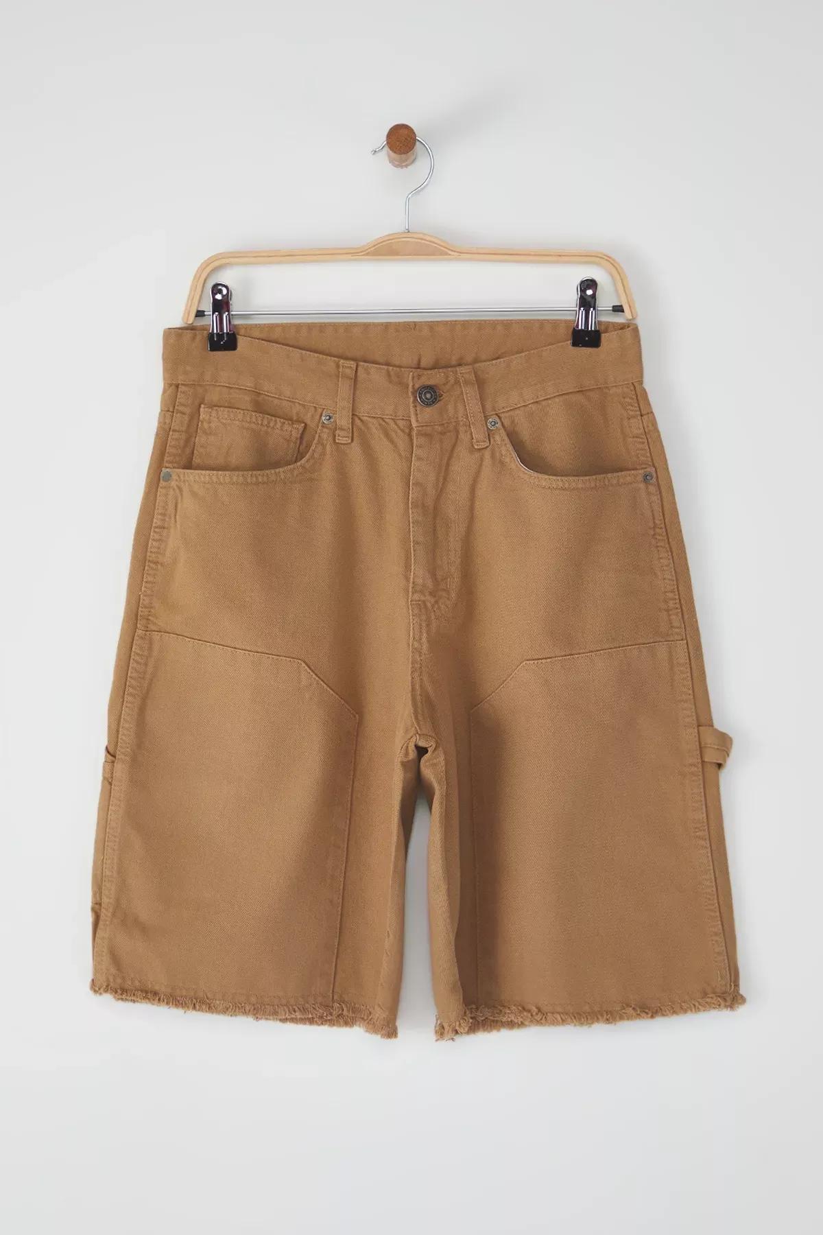 Camel Patchwork Wide Denim Shorts, CAMEL, medium