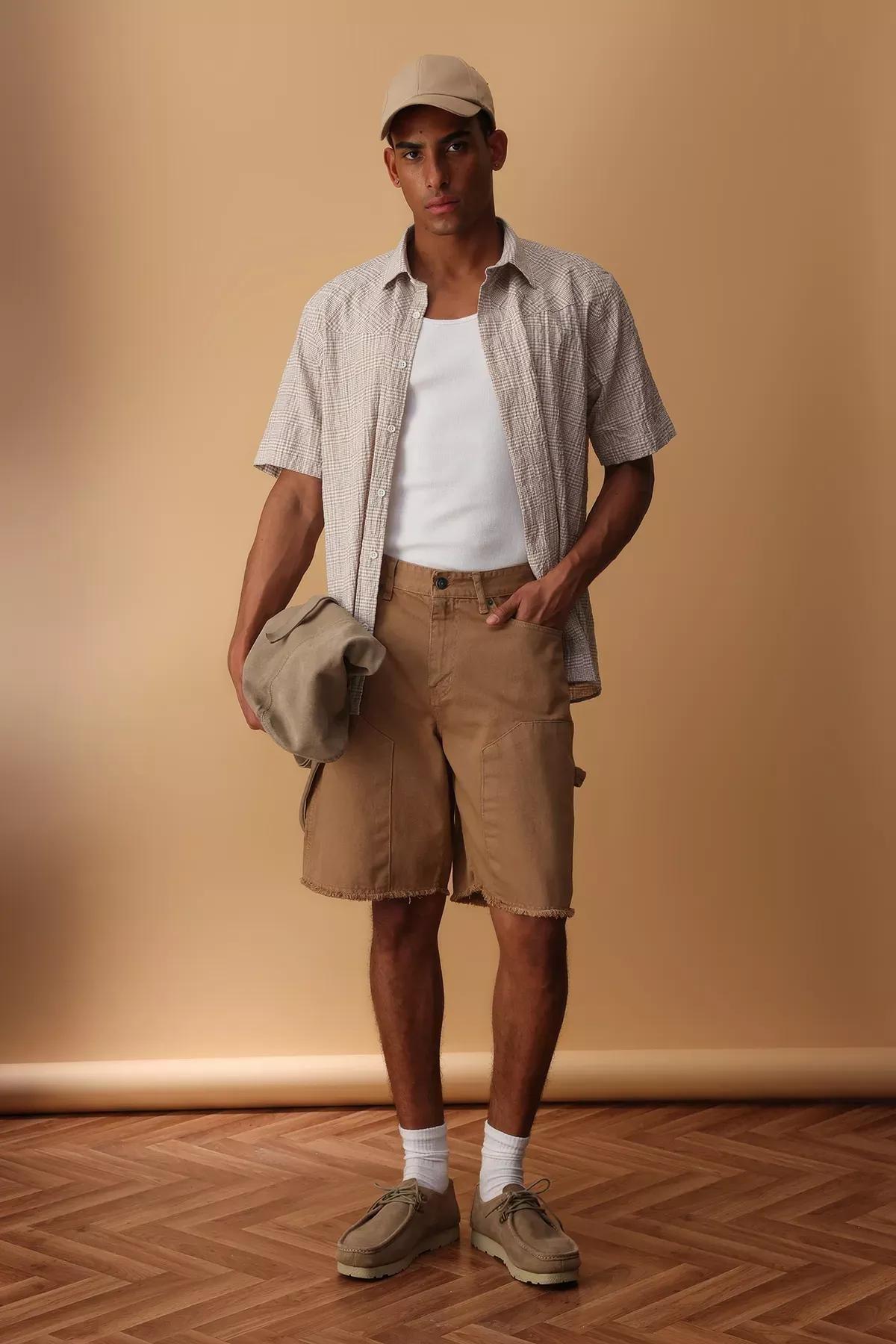 Camel Patchwork Wide Denim Shorts, CAMEL, large image number 1