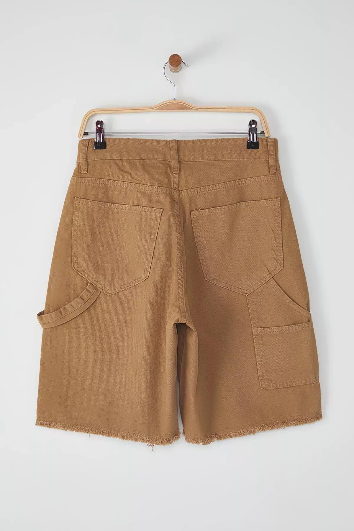 Camel Patchwork Wide Denim Shorts, CAMEL, large image number 3