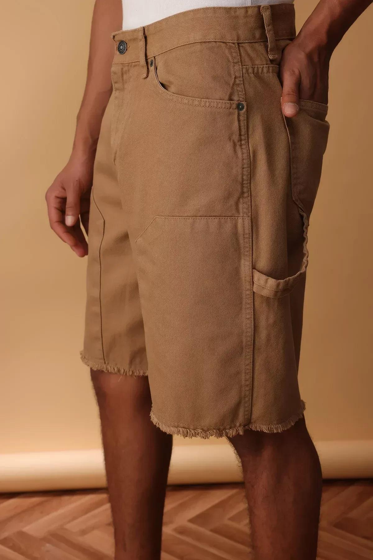 Camel Patchwork Wide Denim Shorts, CAMEL, large image number 4