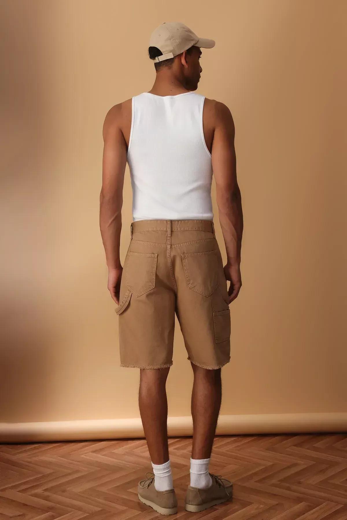 Camel Patchwork Wide Denim Shorts, CAMEL, large image number 6