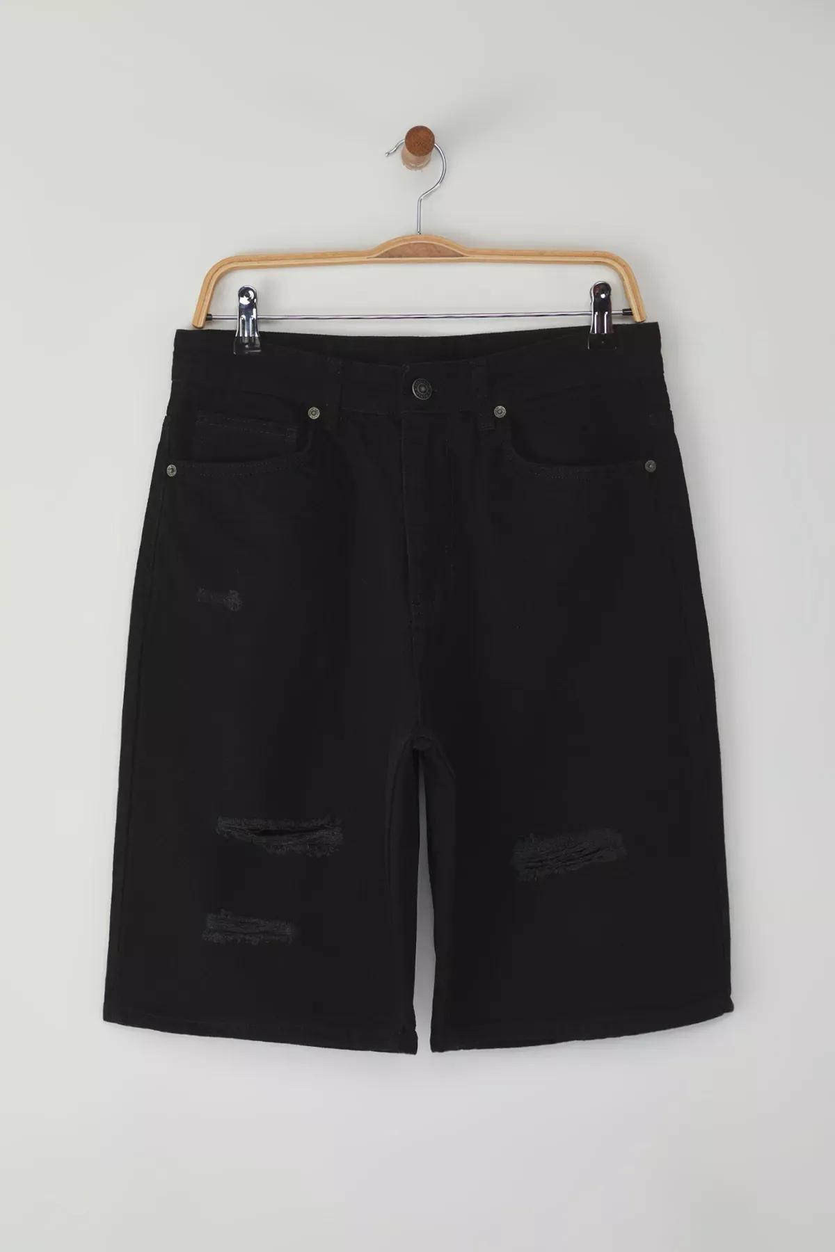 Black Baggy Destroyed Denim Shorts, , large image number 0