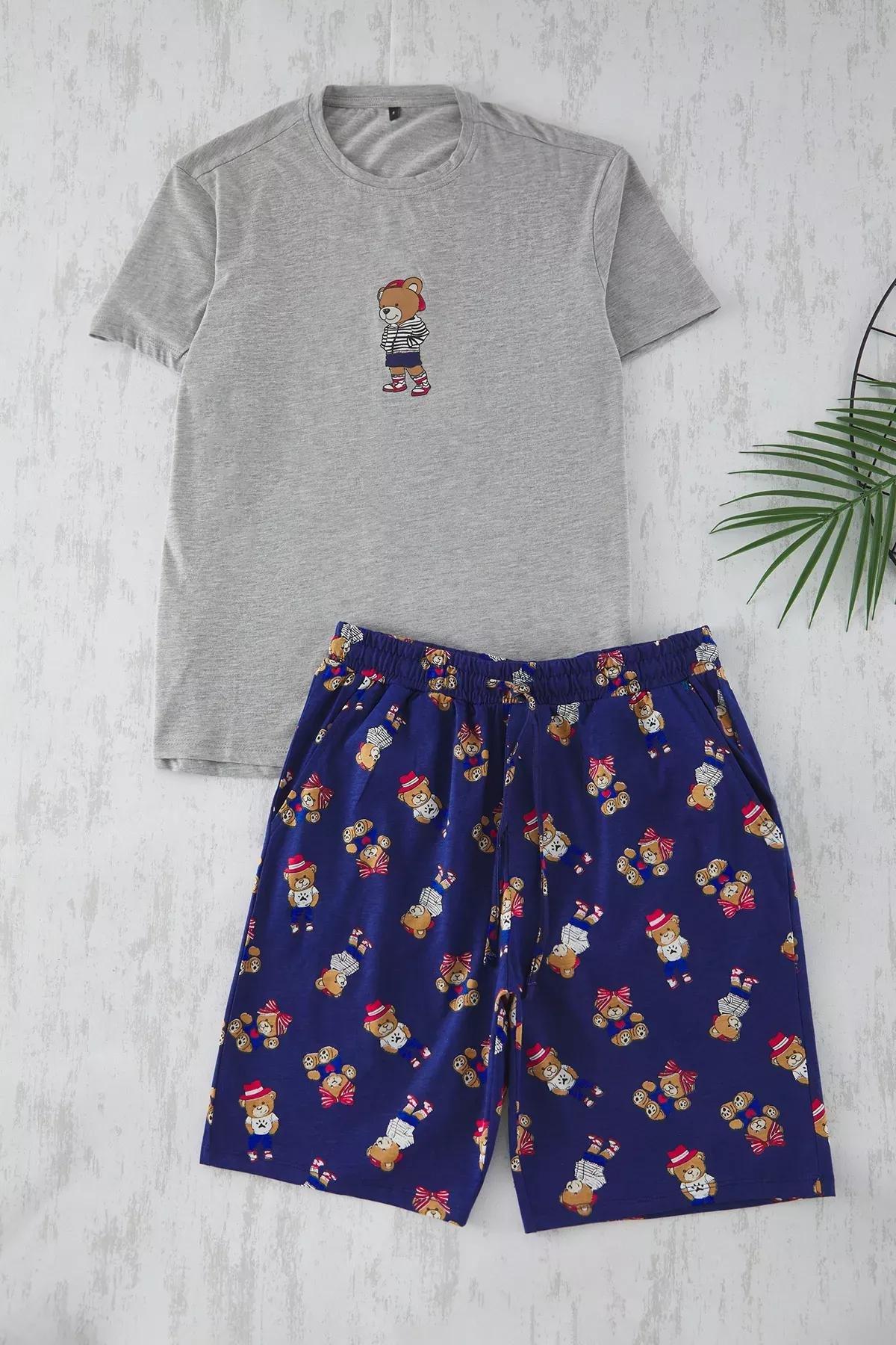 Grey-Navy Teddy Bear Pajama Shorts Set, GRAY MELANGE, large image number 0