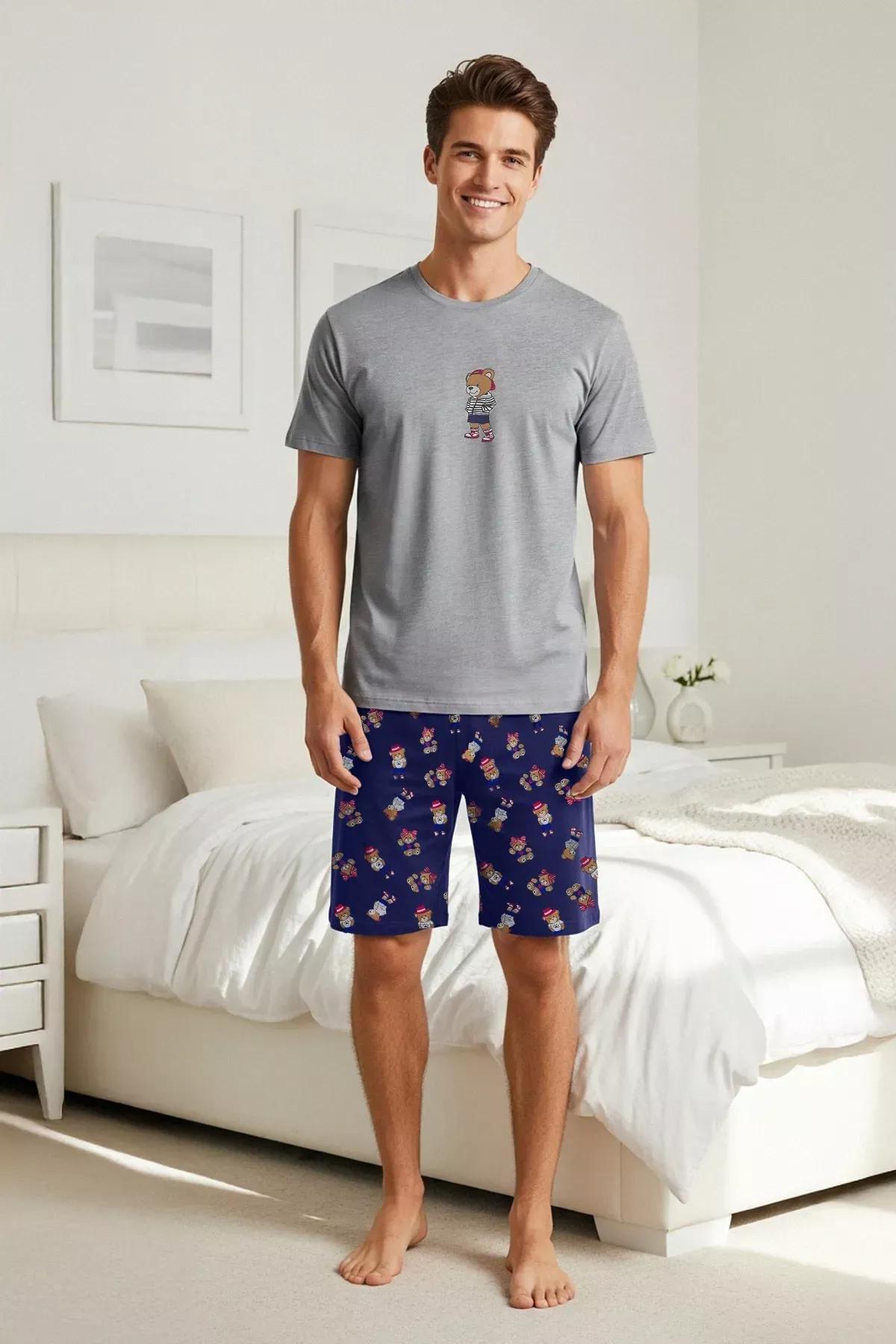 Grey-Navy Teddy Bear Pajama Shorts Set, GRAY MELANGE, large image number 1